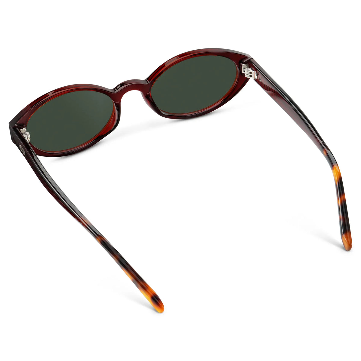 Red Garnet / G15 || Back view of Women's Elongated Oval Prescription Sunglasses with Red Garnet Frame and Green Lens on a white background
