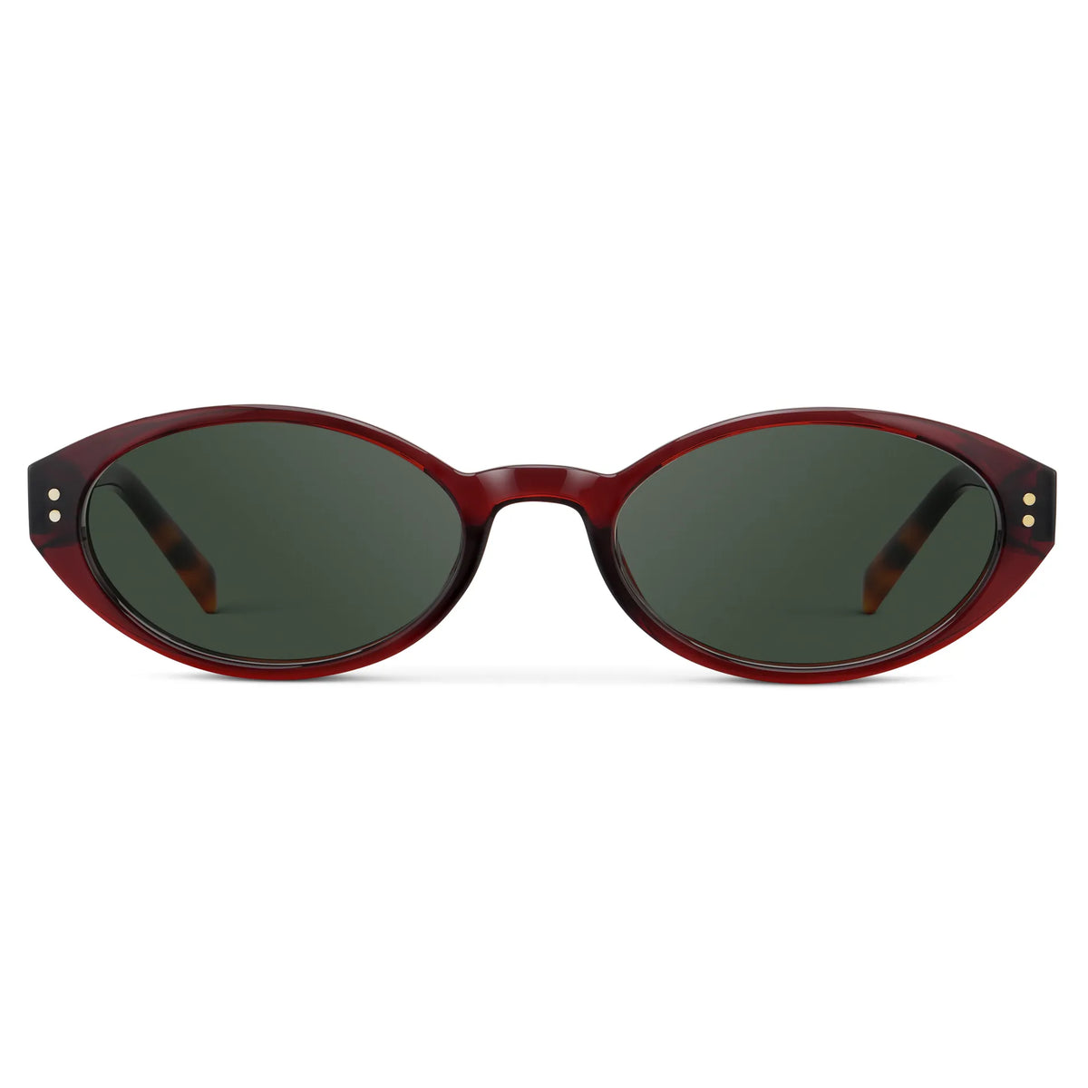 Red Garnet / G15 || Women's Elongated Oval Prescription Sunglasses with Red Garnet Frame and Green Lens on a white background