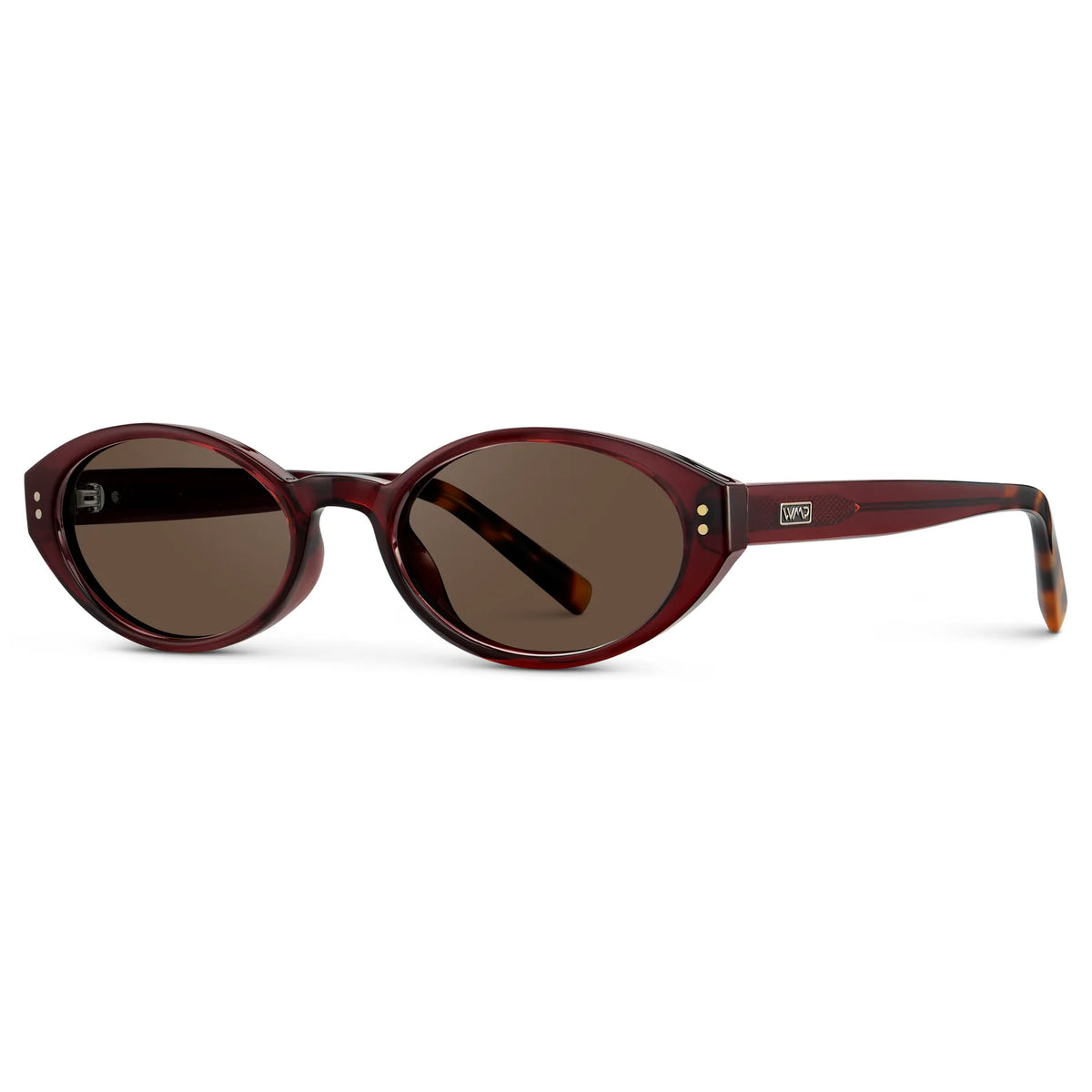 Red Garnet / Brown Lens || Side view of Women's Elongated Oval Sunglasses with Red Garnet Frame and Brown Lens on a white background