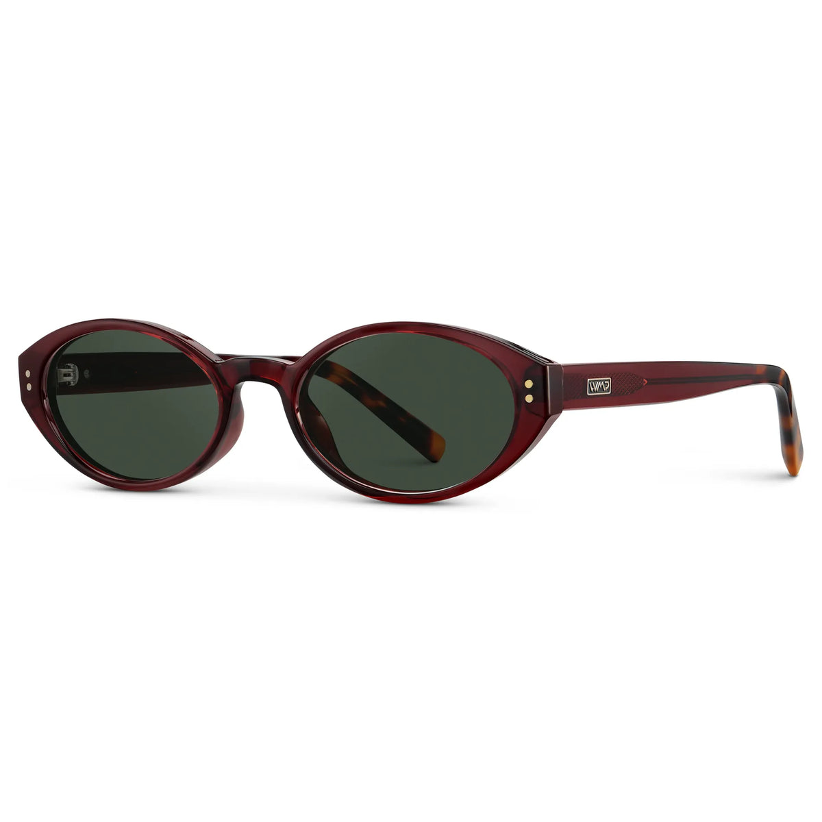 Red Garnet / G15 || Side view of Women's Elongated Oval Prescription Sunglasses with Red Garnet Frame and Green Lens on a white background