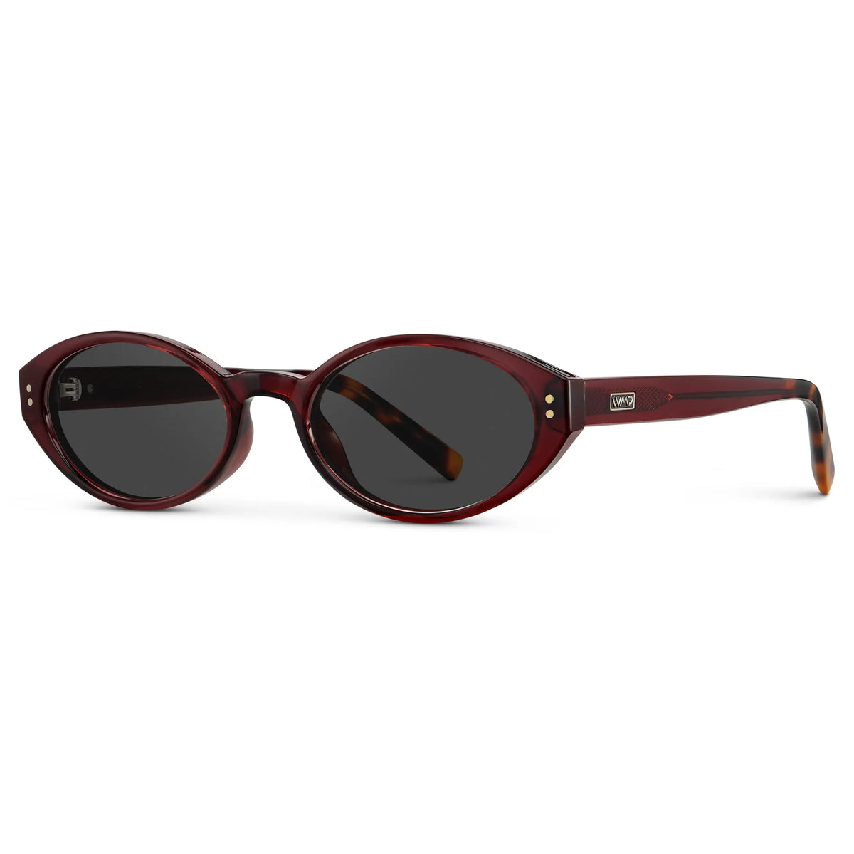 Red Garnet / Grey || Side view of Women's Elongated Oval Prescription Sunglasses with Red Garnet Frame and Grey Lens on a white background
