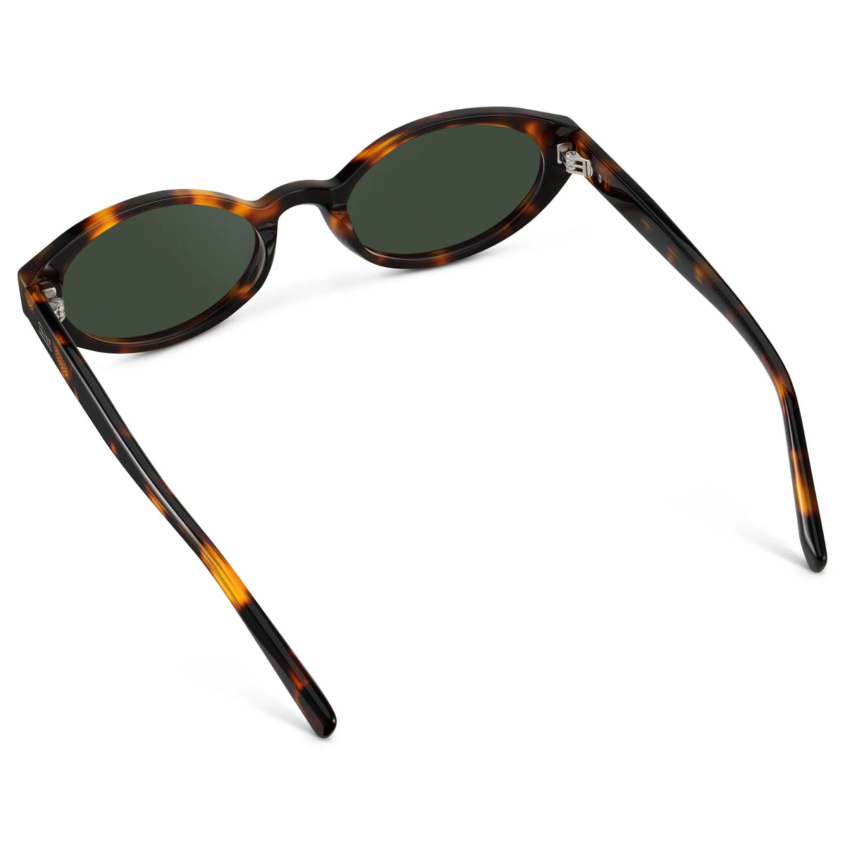 Brown Tortoise / G15 || Back view of Women's Elongated Oval Prescription Sunglasses with Brown Tortoise Frame and Green Lens on a white background