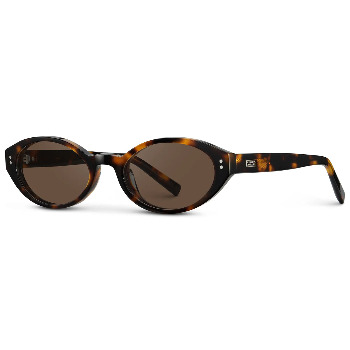 Brown Tortoise / Brown Lens || Side view of Women's Elongated Oval Sunglasses with Brown Tortoise Frame and Brown Lens on a white background