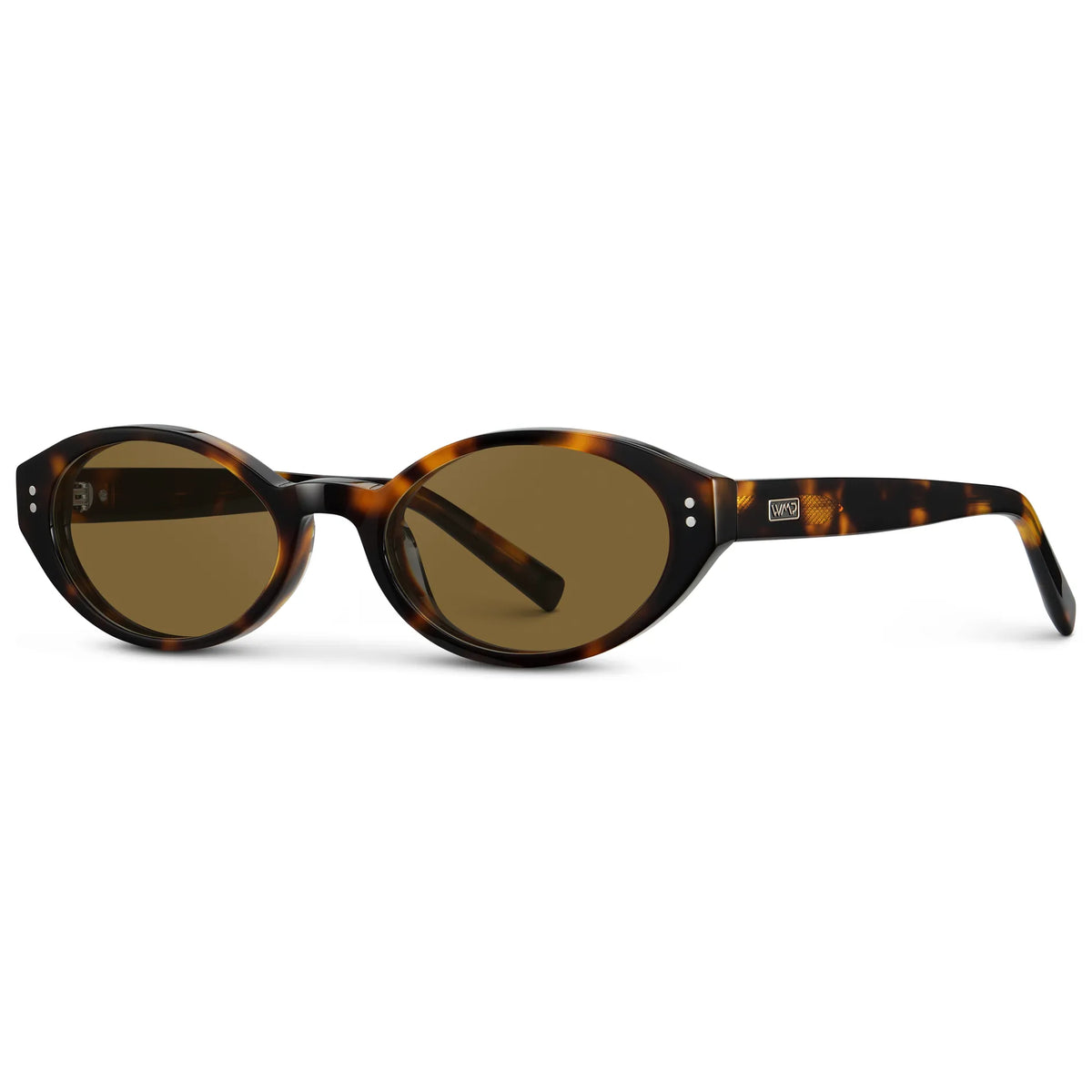 Brown Tortoise / Amber || Side view of Women's Elongated Oval Prescription Sunglasses with Brown Tortoise Frame and Brown Lens on a white background