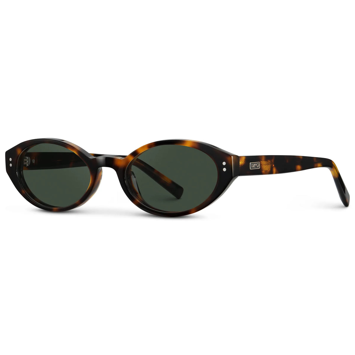 Brown Tortoise / G15 || Side view of Women's Elongated Oval Prescription Sunglasses with Brown Tortoise Frame and Green Lens on a white background
