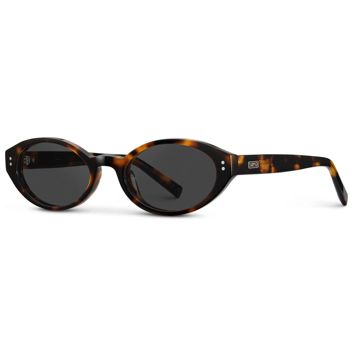 Brown Tortoise / Grey || Side view of Women's Elongated Oval Prescription Sunglasses with Brown Tortoise Frame and Grey Lens on a white background