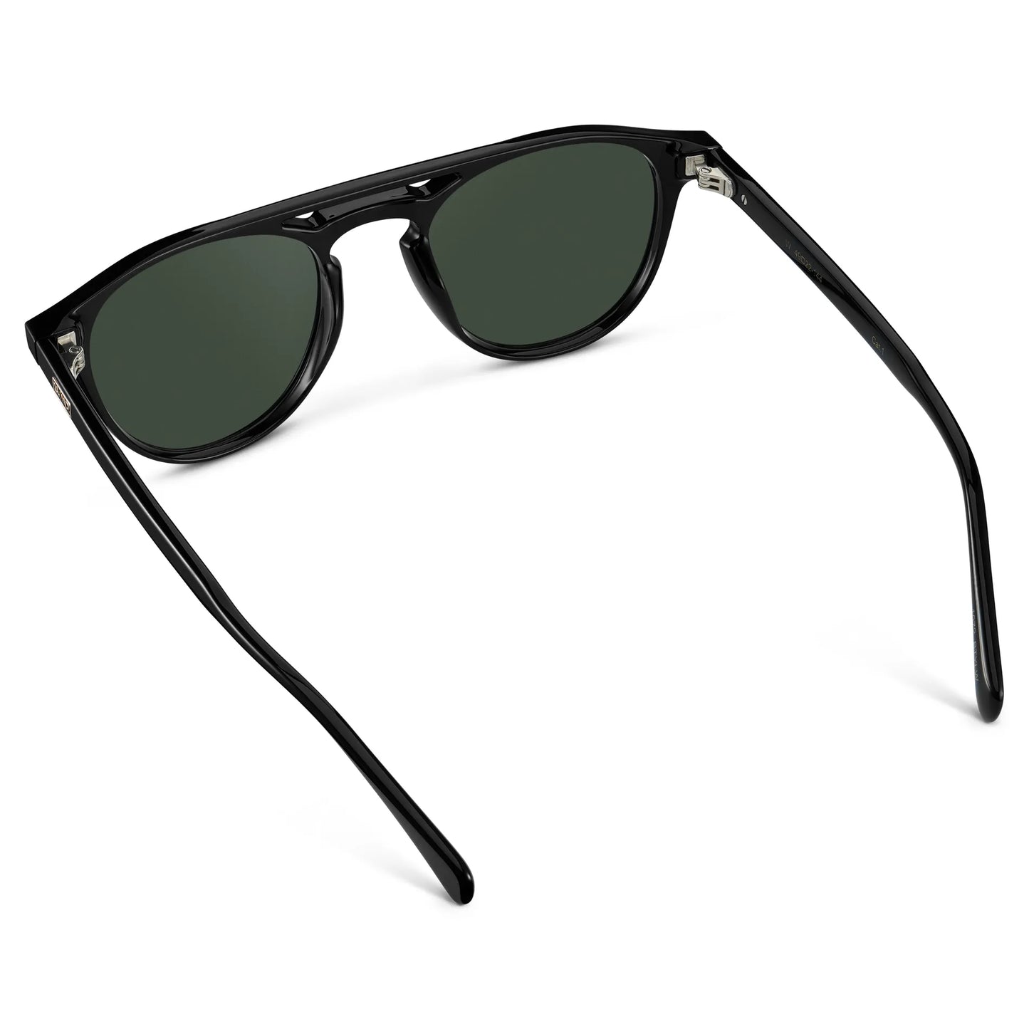 Black / G15 || Back view of Men's Double Bridge Round Prescription Sunglasses with Black Acetate Frame and Green Lenses on a white background