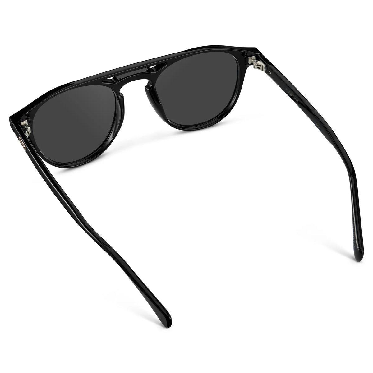Black / Grey || Back view of Men's Double Bridge Round Prescription Sunglasses with Black Acetate Frame and Grey Lenses on a white background