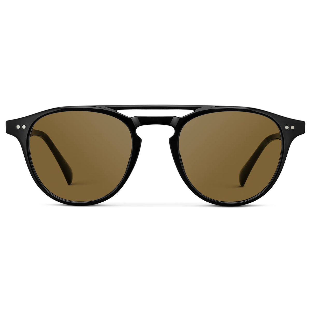 Black / Amber || Front view of Men's Double Bridge Round Prescription Sunglasses with Black Acetate Frame and Brown Lenses on a white background