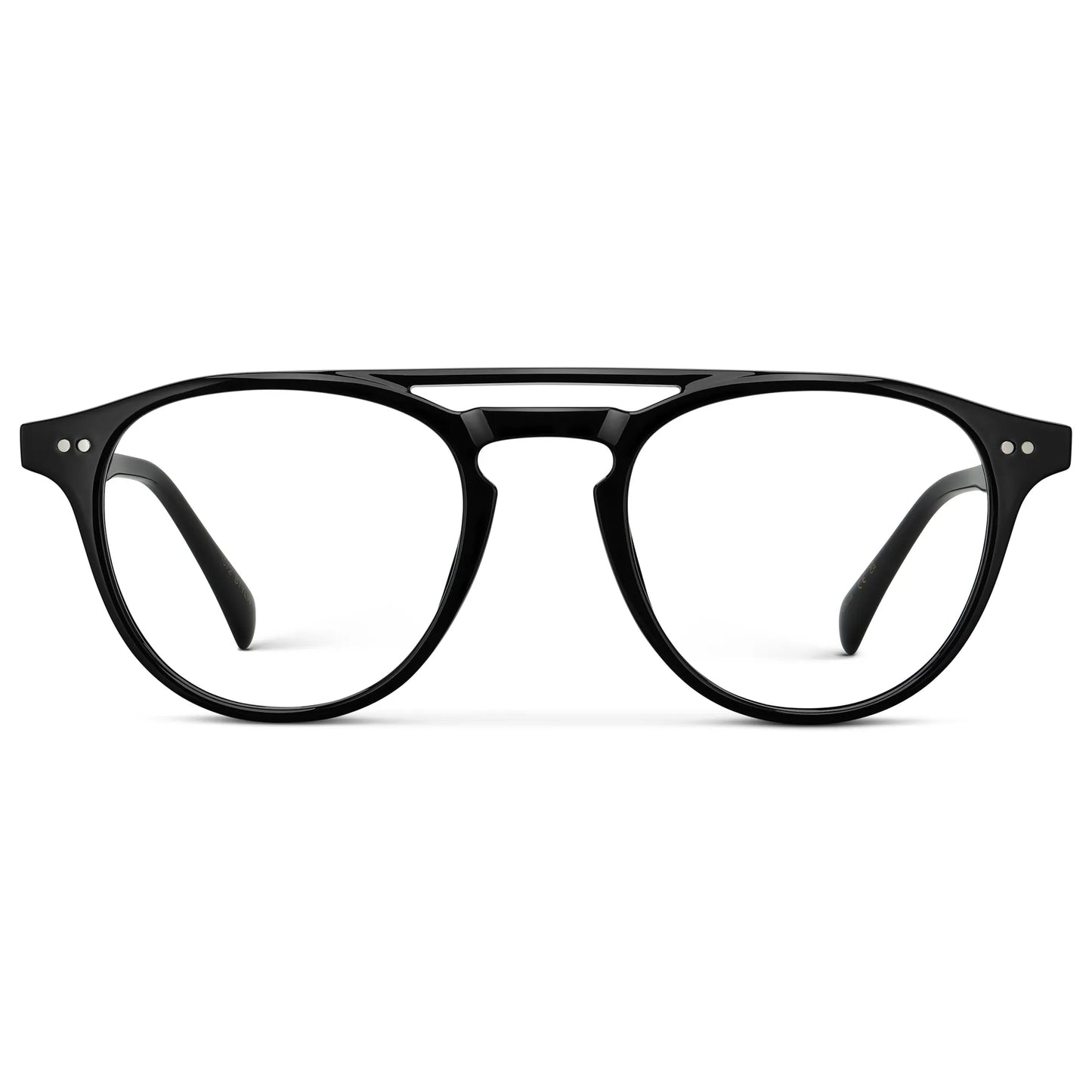 Black || Front view of Men's Double Bridge Round Prescription Eyeglasses with Black Frame and Clear Lenses on a white background