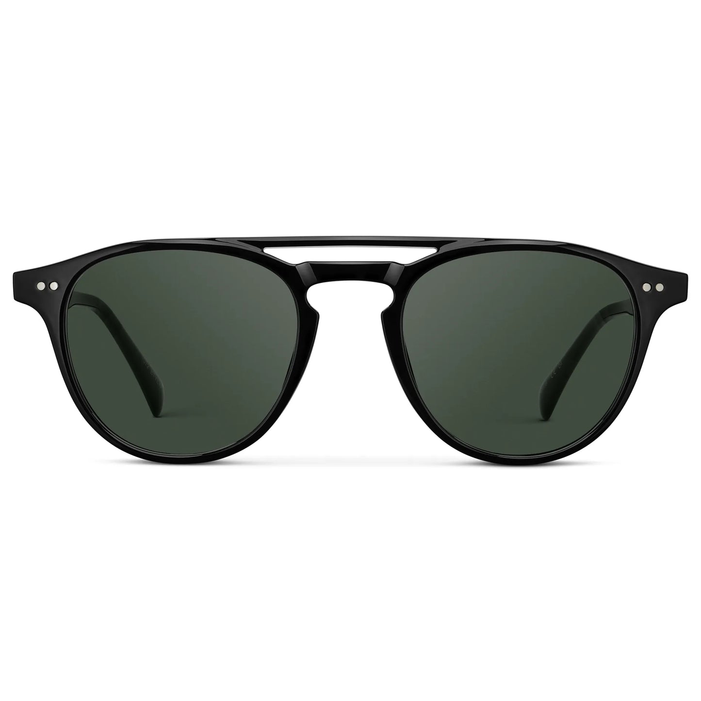 Black / G15 || Front view of Men's Double Bridge Round Prescription Sunglasses with Black Acetate Frame and Green Lenses on a white background