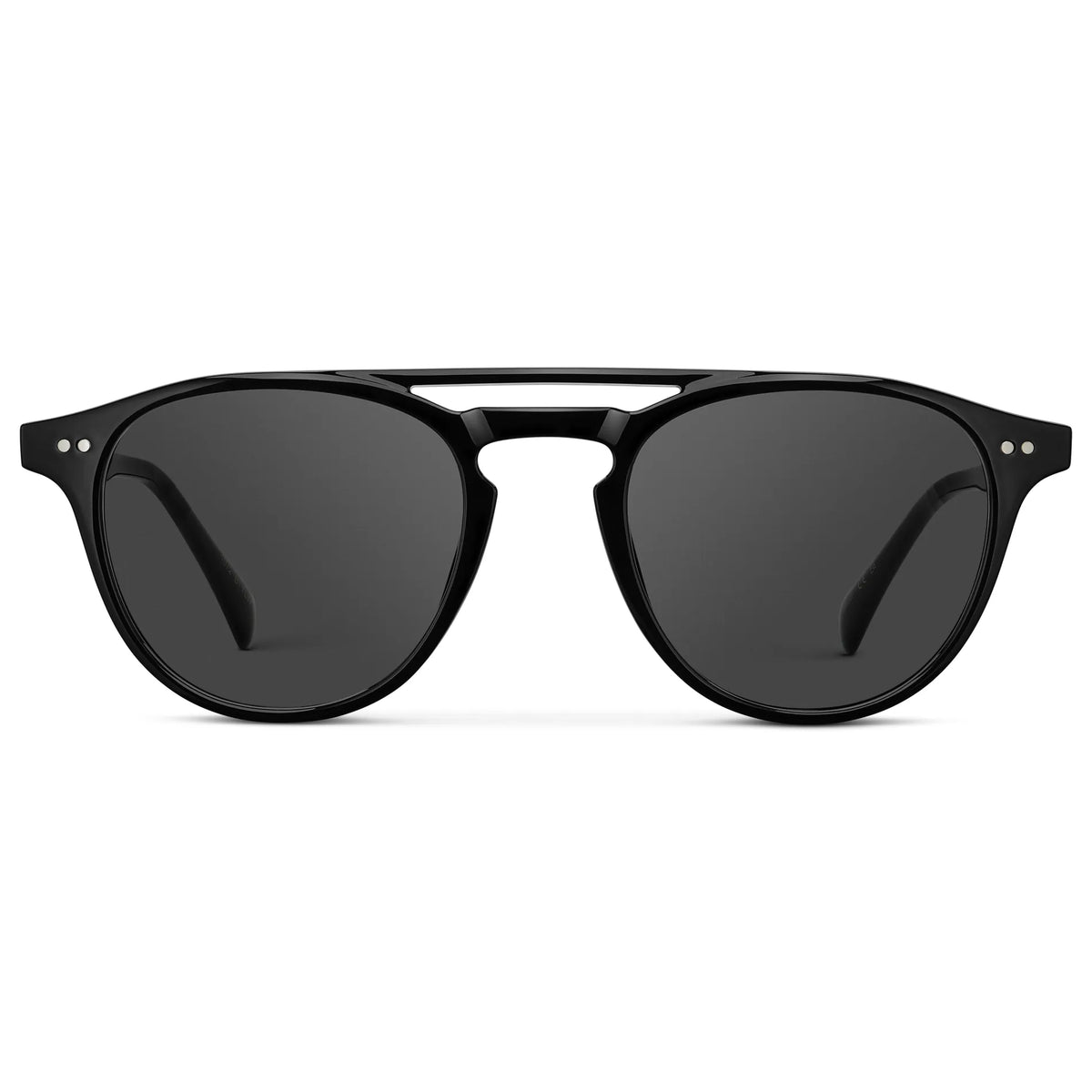 Black / Grey || Front view of Men's Double Bridge Round Prescription Sunglasses with Black Acetate Frame and Grey Lenses on a white background