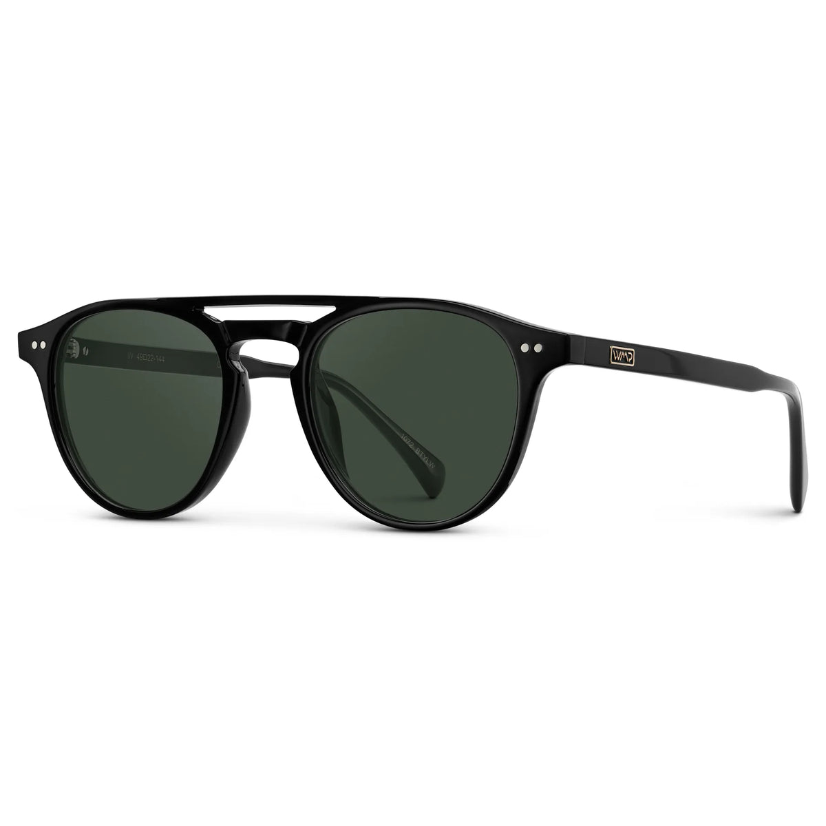Black / G15 || Side view of Men's Double Bridge Round Prescription Sunglasses with Black Acetate Frame and Green Lenses on a white background