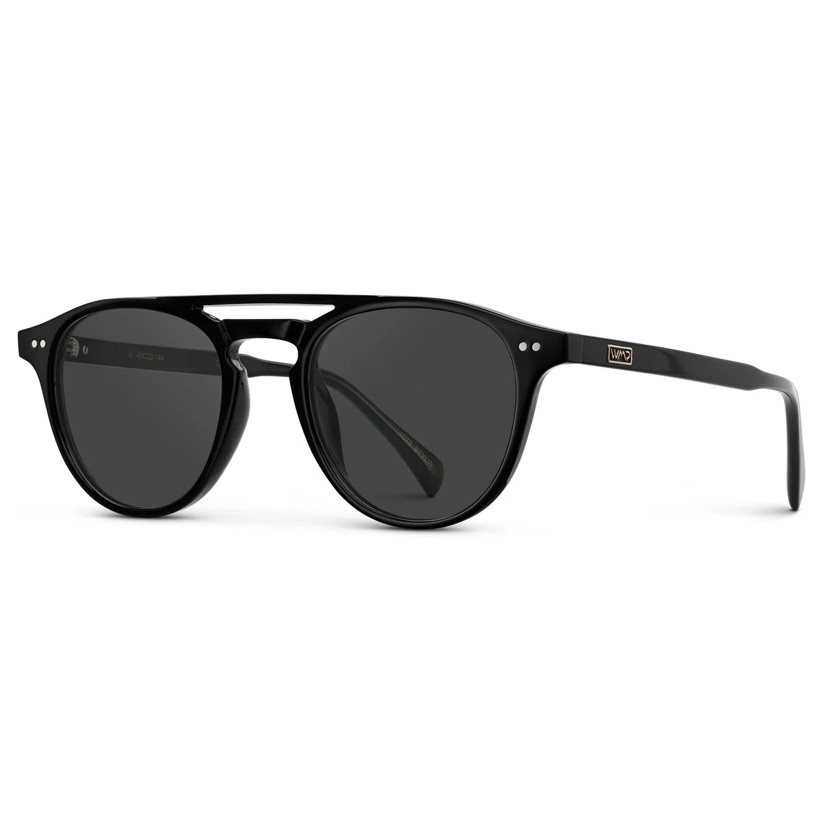 Black / Grey || Side view of Men's Double Bridge Round Prescription Sunglasses with Black Acetate Frame and Grey Lenses on a white background