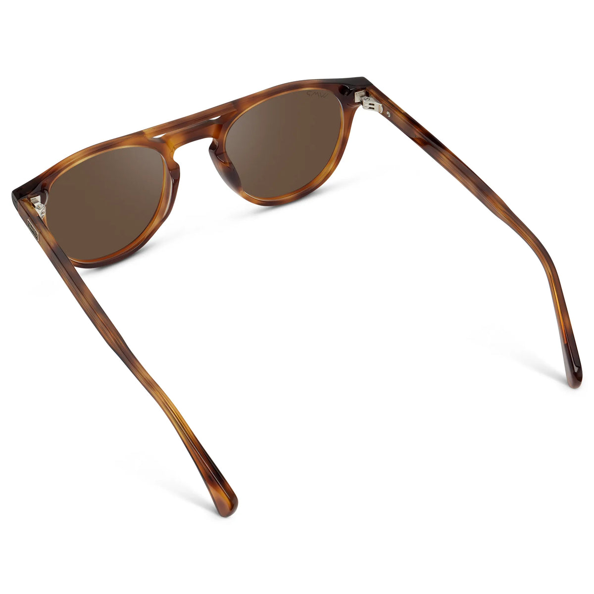 Saddlewood Tortoise / Brown Lens || Back view of Men's Double Bridge Round Sunglasses with Saddlewood Tortoise Frame and Brown Lens on a white background