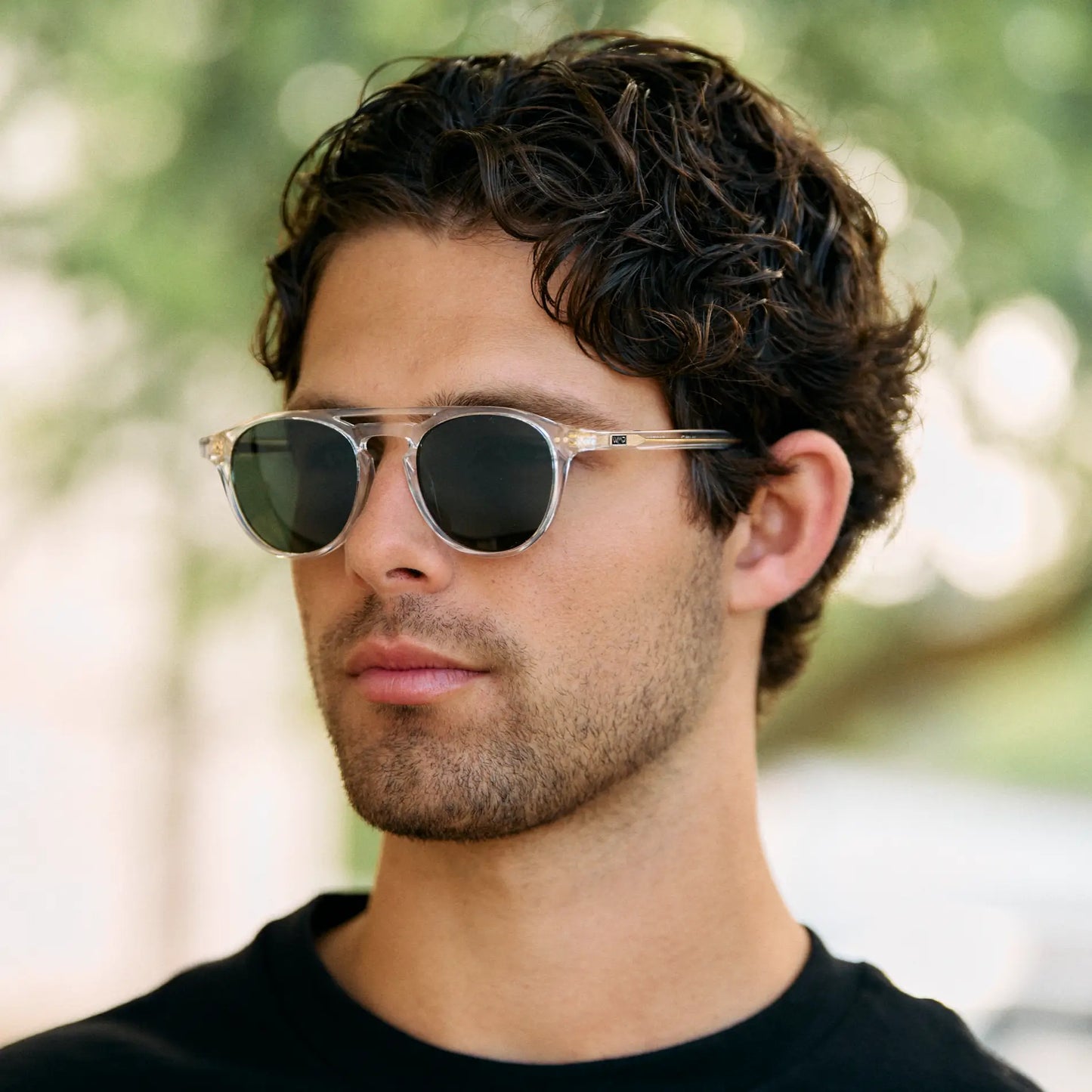 Clear / Smoke Green Lens || Clear Round Frame Sunglasses with Green Polarized Lenses