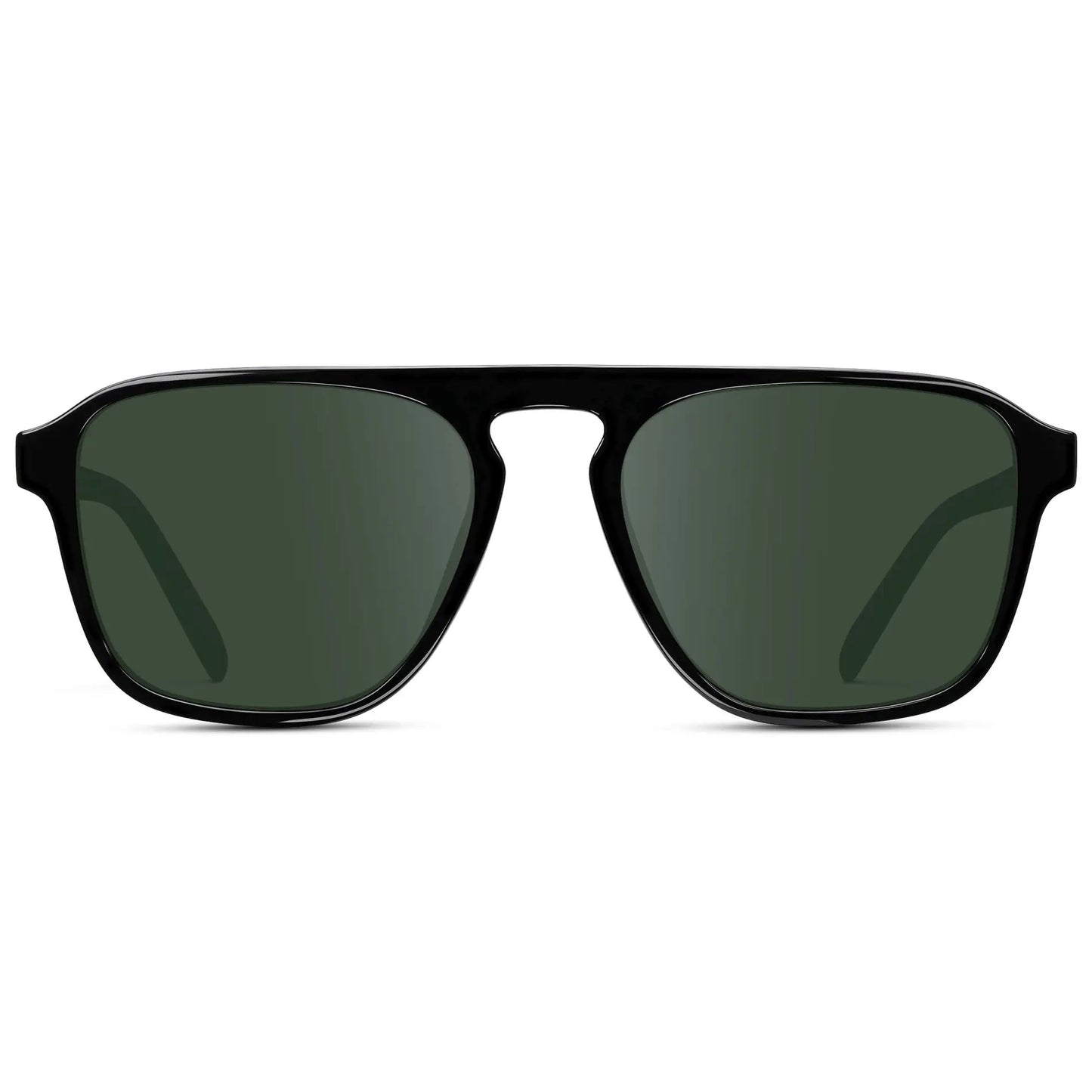 Black / G15 || Black Single Bridge Aviator Sunglasses with Green Prescription Lenses on a white background