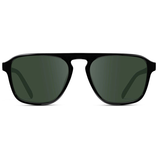 Black / G15 Lens || Black Single Bridge Aviator Sunglasses with Green Prescription Lenses