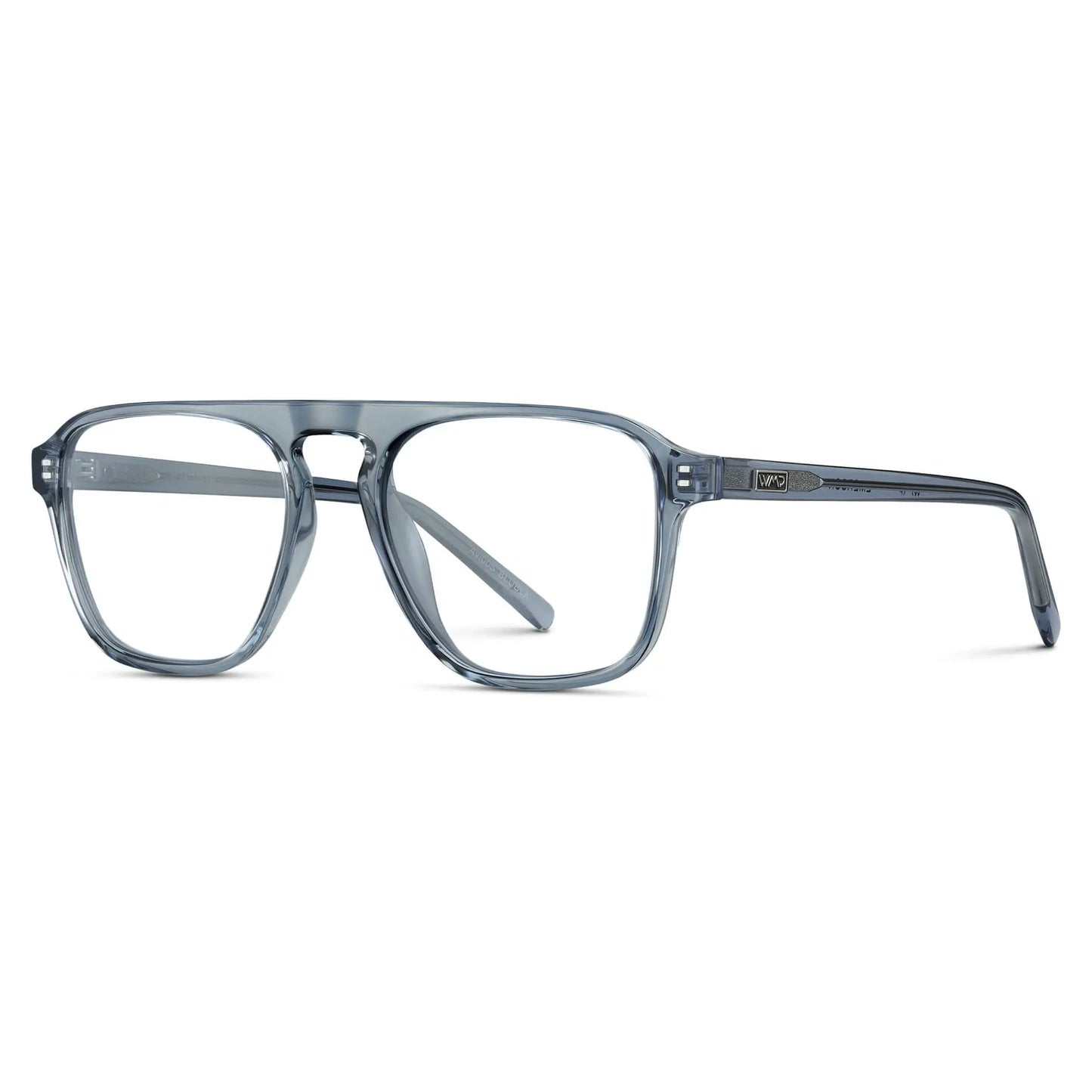 Denim Blue || Side view of Men's Aviator Prescription Glasses with Denim Blue Frame and Clear Lenses on a white background