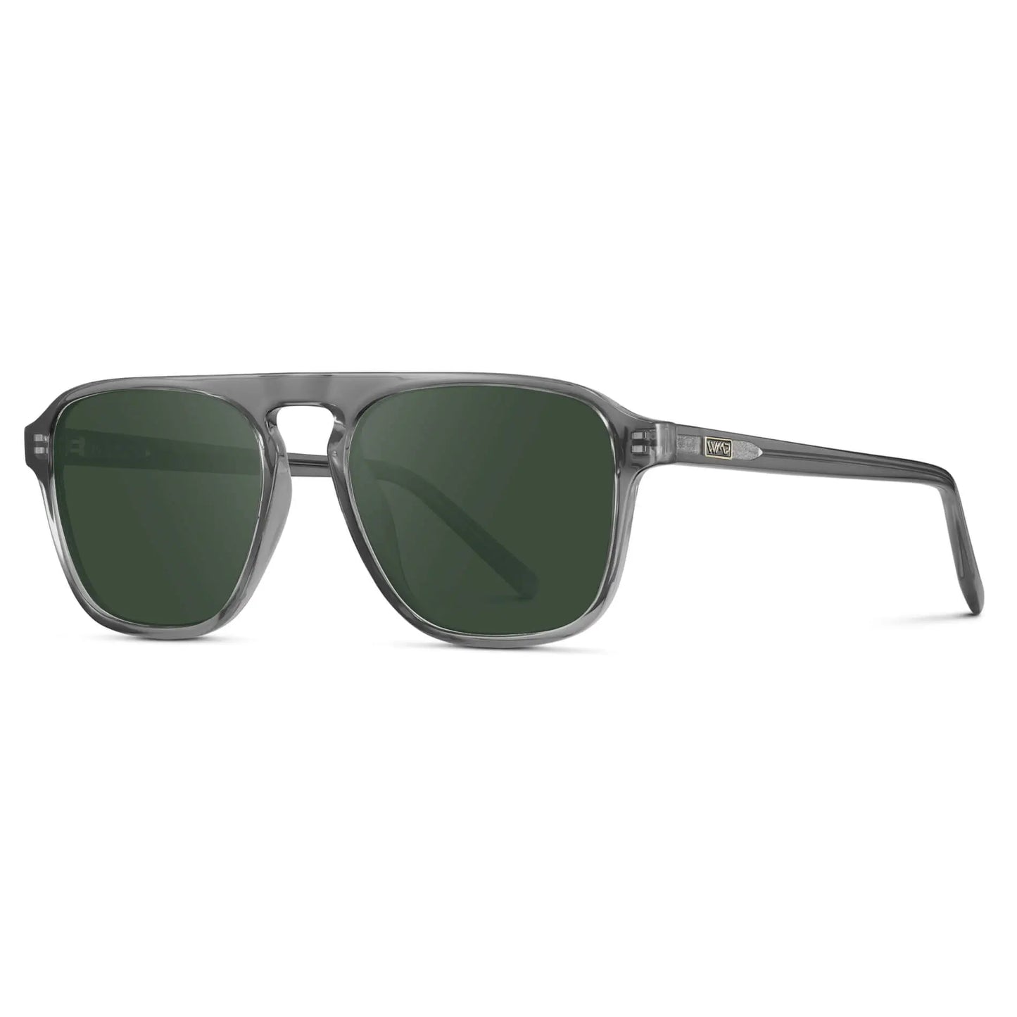Graphite Grey / G15 || Side view of Grey Single Bridge Aviator Sunglasses with Green Prescription Lenses on a white background