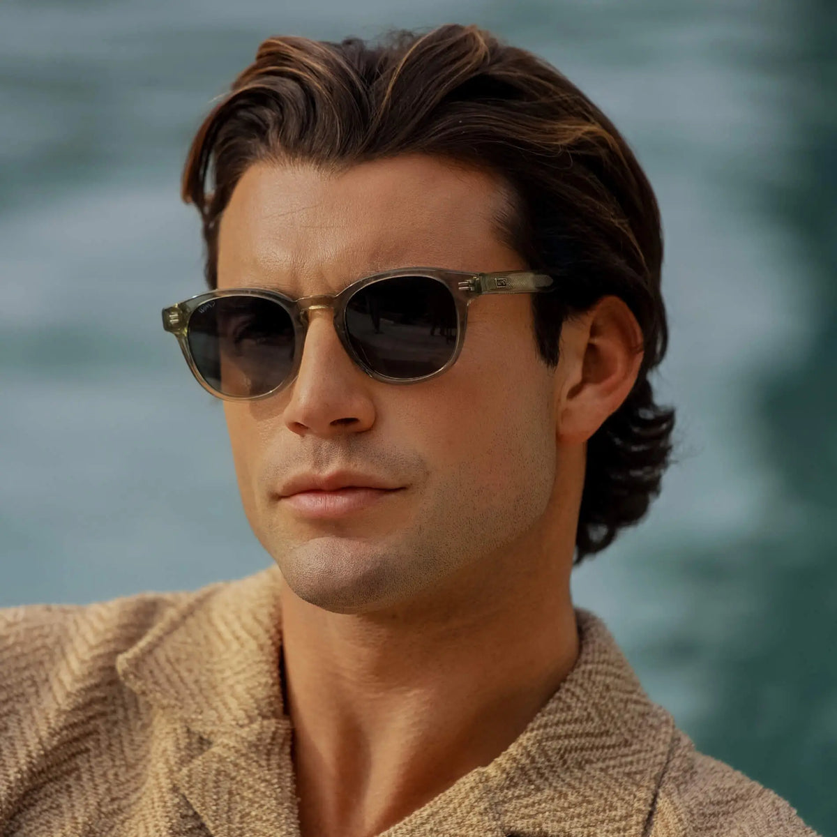 Palm Green / G15 || Model wearing Men's Retro-Inspired Round Prescription Sunglasses with Palm Green Acetate Frame and Green Prescription Lenses