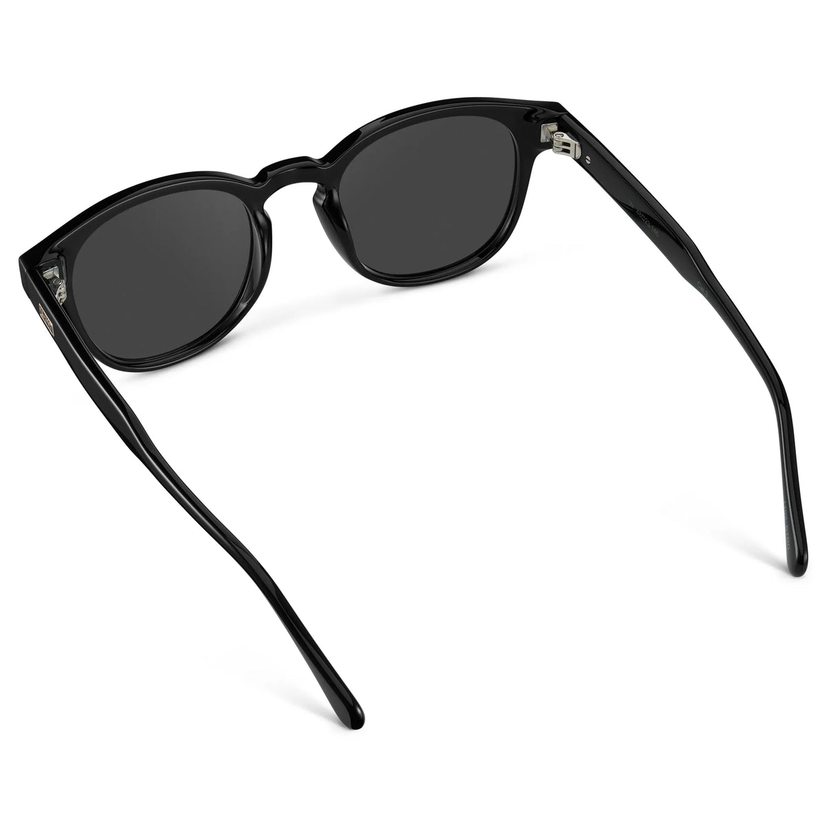 Black / Grey || Back view of Men's Retro-Inspired Round Prescription Sunglasses with Black Acetate Frame and Grey Lenses on a white background