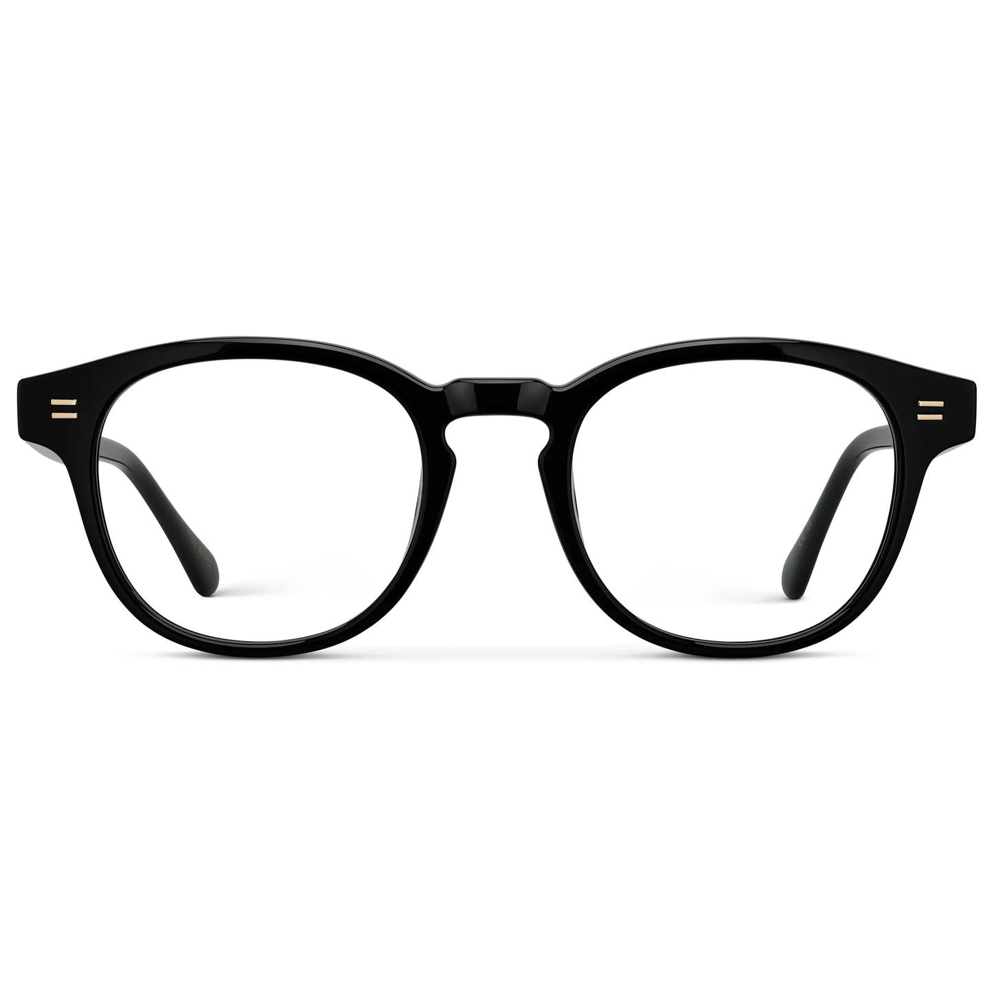 Black || Front view of Men's Retro-Inspired Round Prescription Eyeglasses with Black Acetate Frame and Clear Lenses on a white background