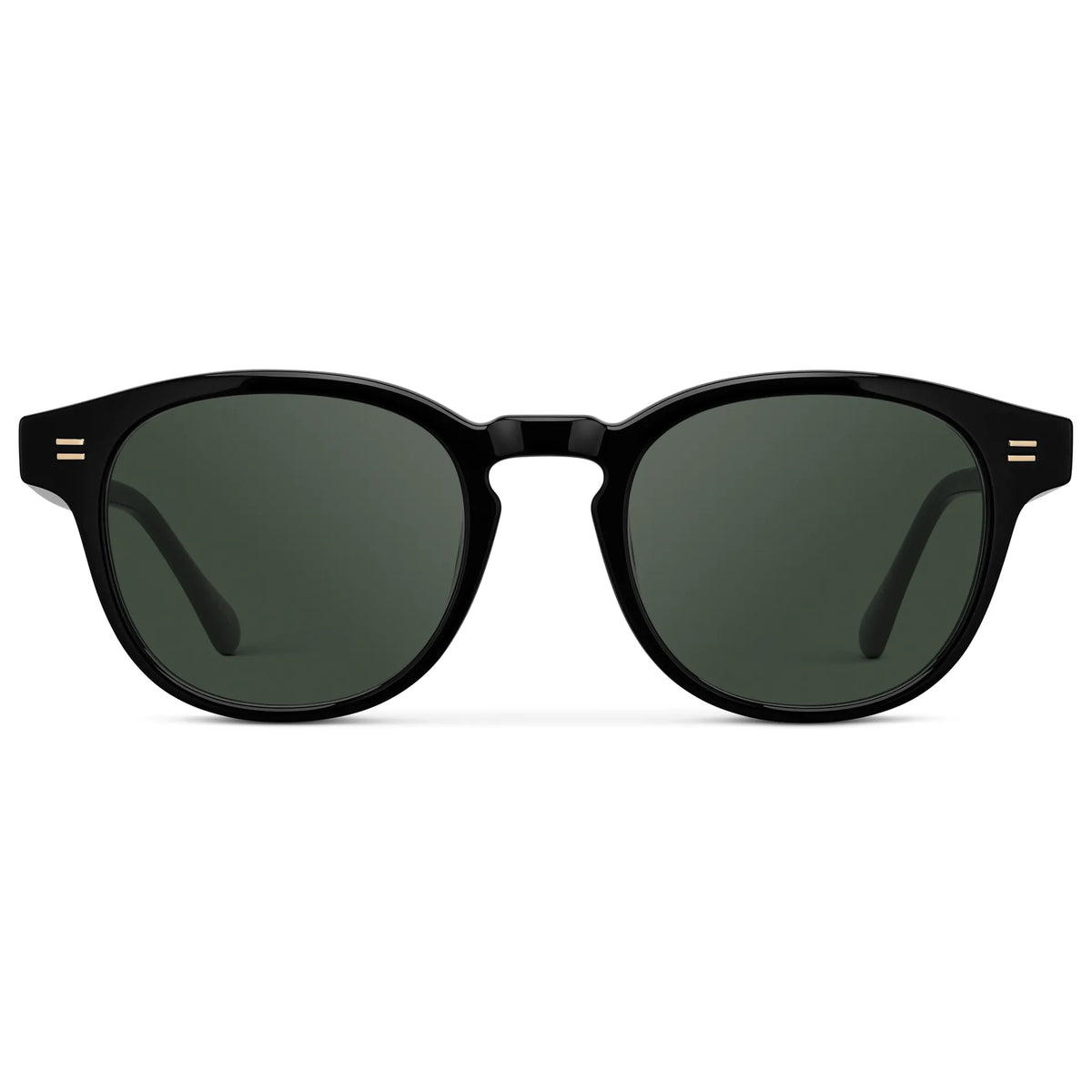 Black / G15 || Front view of Men's Retro-Inspired Round Prescription Sunglasses with Black Acetate Frame and Green Lenses on a white background