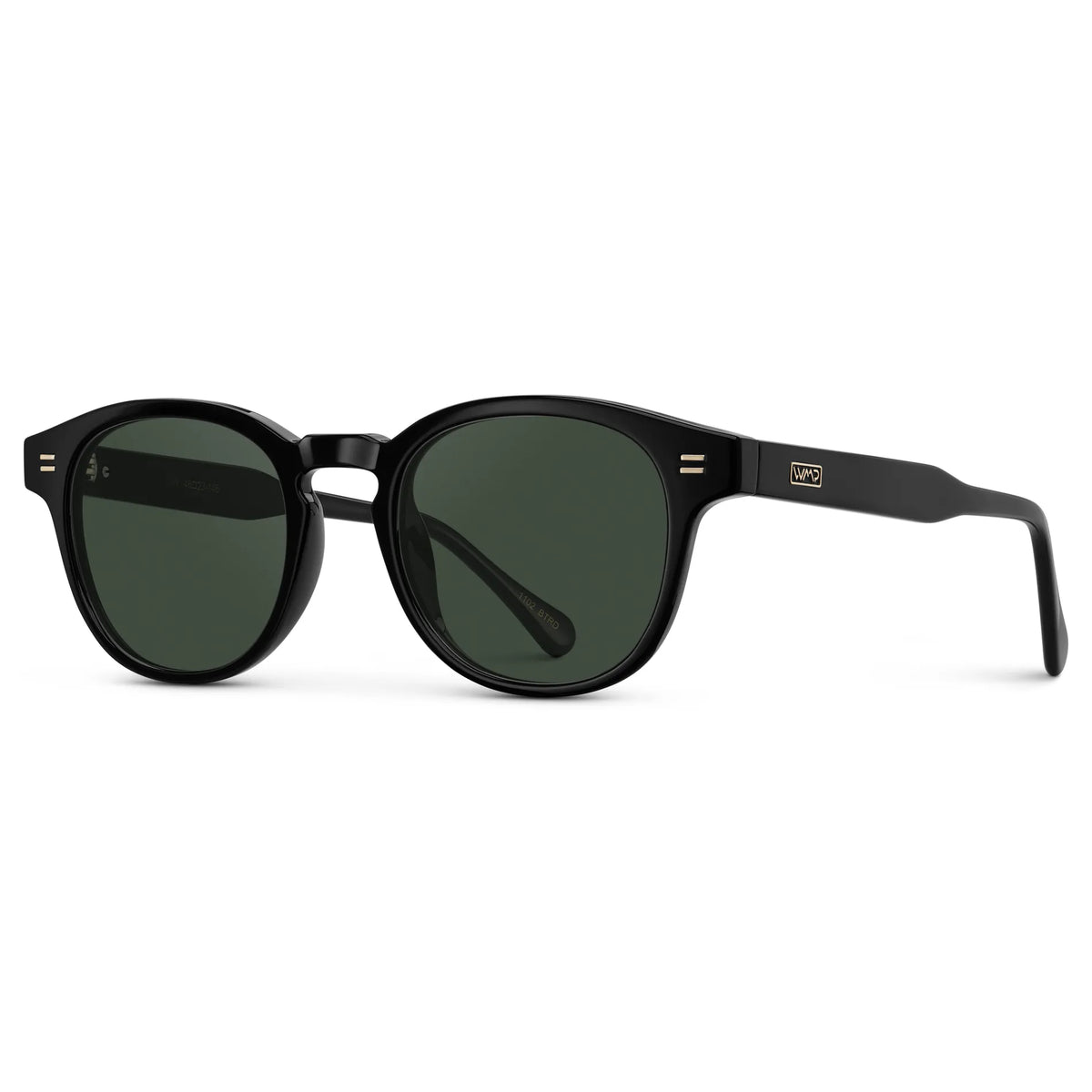 Black / G15 || Side view of Men's Retro-Inspired Round Prescription Sunglasses with Black Acetate Frame and Green Lenses on a white background