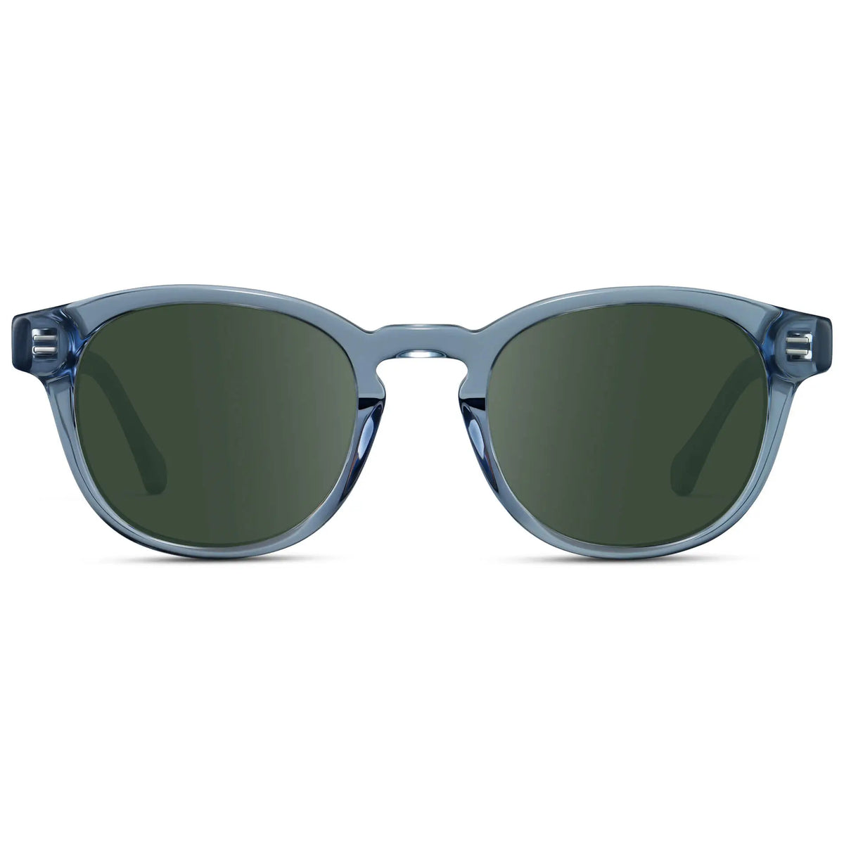 Denim Blue / G15 || Front view of Men's Retro-Inspired Round Prescription Sunglasses with Blue Acetate Frame and Green Prescription Lenses