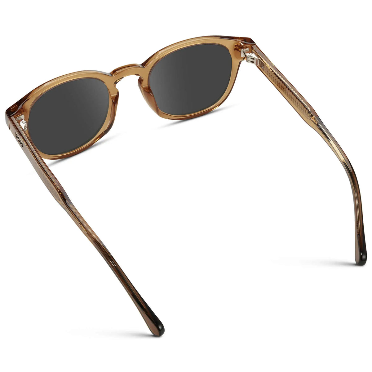 Crystal Brown / Grey || Back view of Men's Retro-Inspired Round Prescription Sunglasses with Crystal Brown Acetate Frame and Grey Prescription Lenses