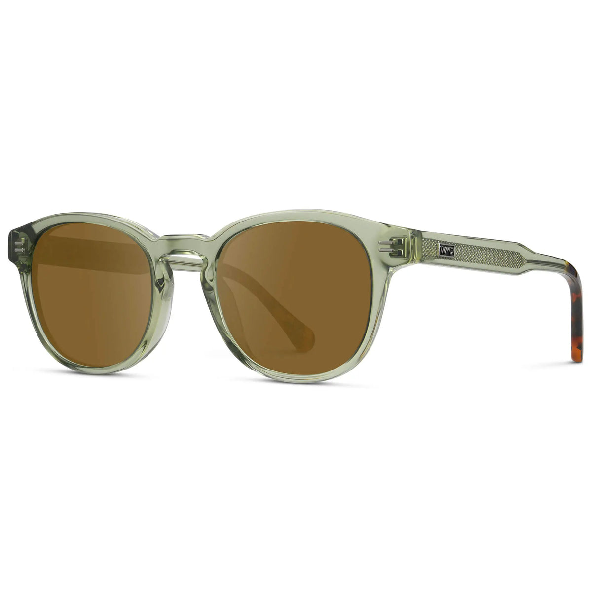 Palm Green / Amber || Side view of Men's Retro-Inspired Round Prescription Sunglasses with Palm Green Acetate Frame and Brown Prescription Lenses