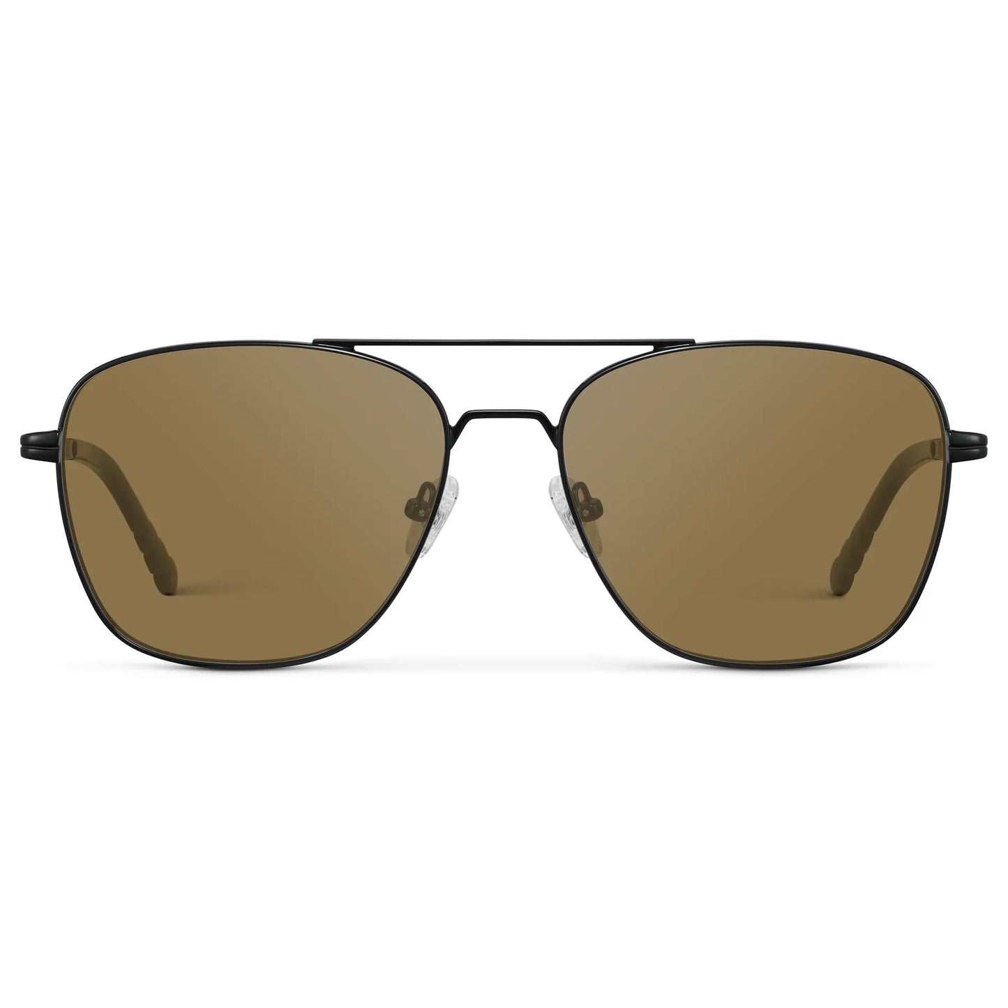 Black / Amber || Men's Stainless Steel Double Bridge Prescription Sunglasses with Black Frame and Brown Lens on a white background
