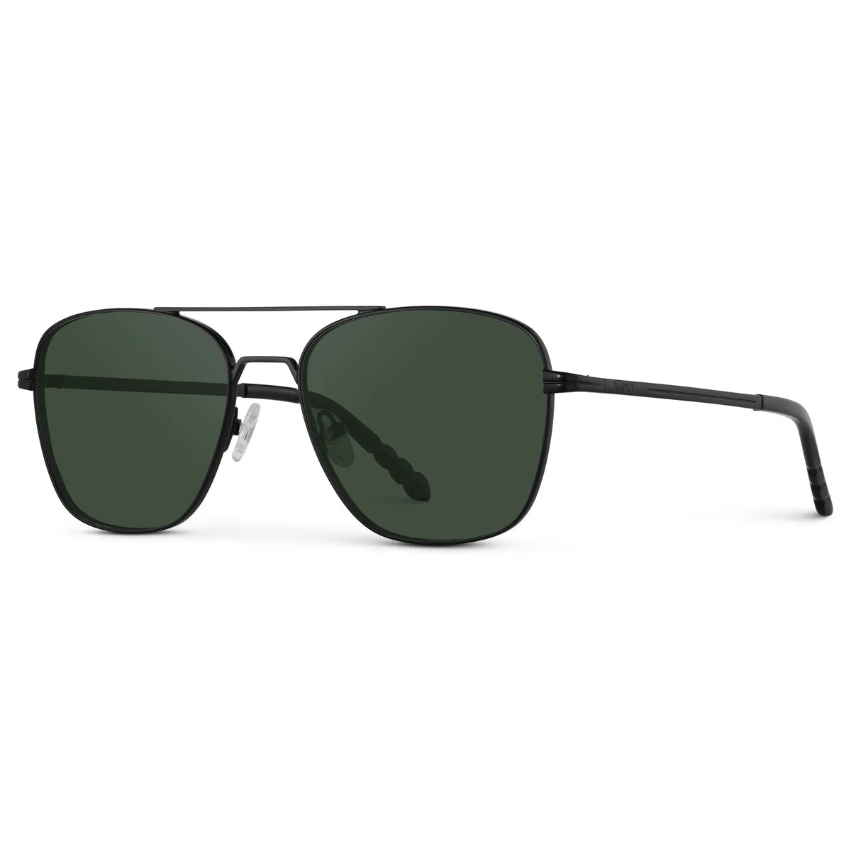 Black / G15 || Side view of Men's Stainless Steel Double Bridge Prescription Sunglasses with Black Frame and Green Lens on a white background