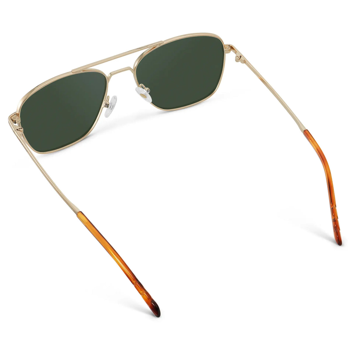 Gold / G15 || Back view of Men's Stainless Steel Double Bridge Prescription Sunglasses with Gold Frame and Green Lens on a white background