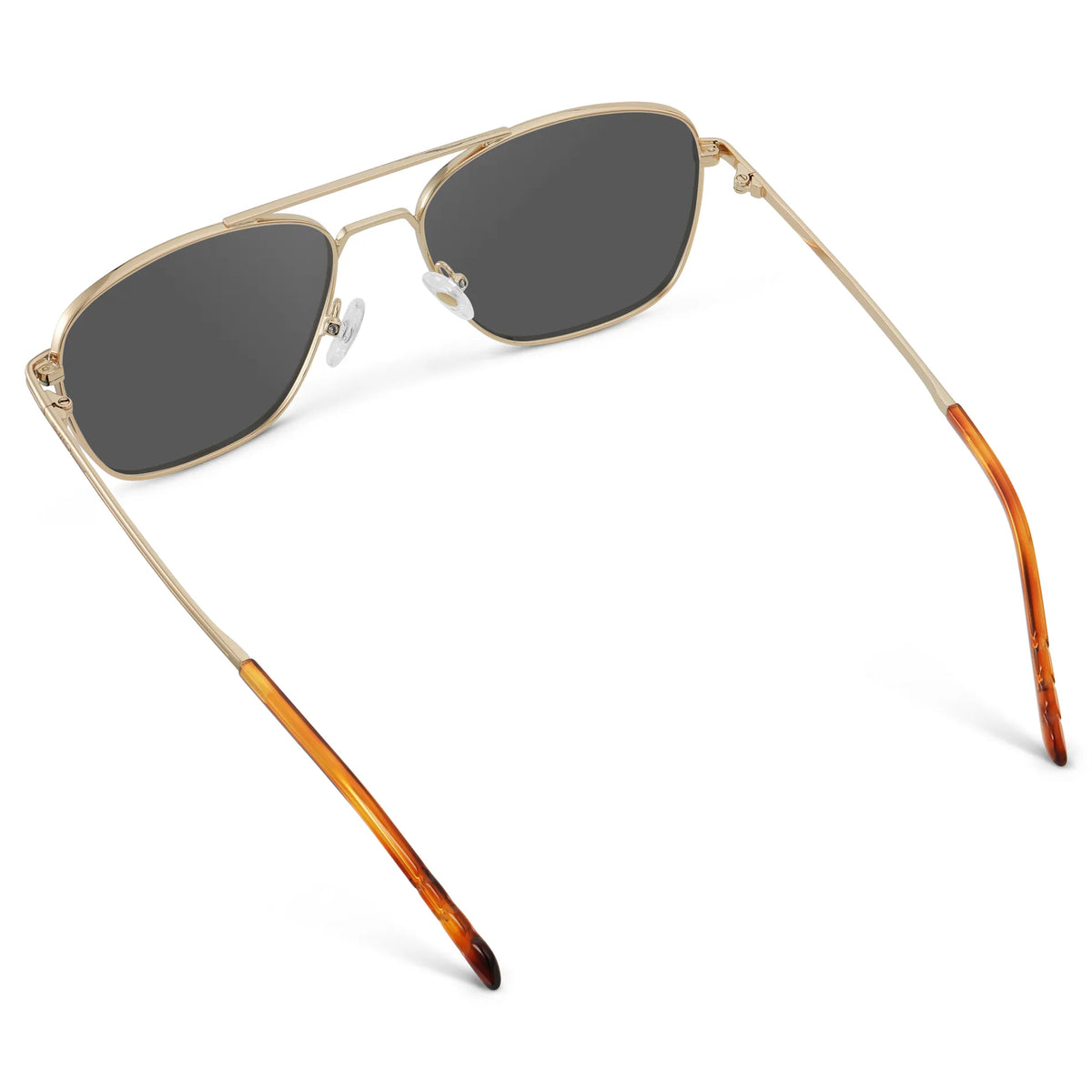 Gold / Grey || Back view of Men's Stainless Steel Double Bridge Prescription Sunglasses with Gold Frame and Grey Lens on a white background