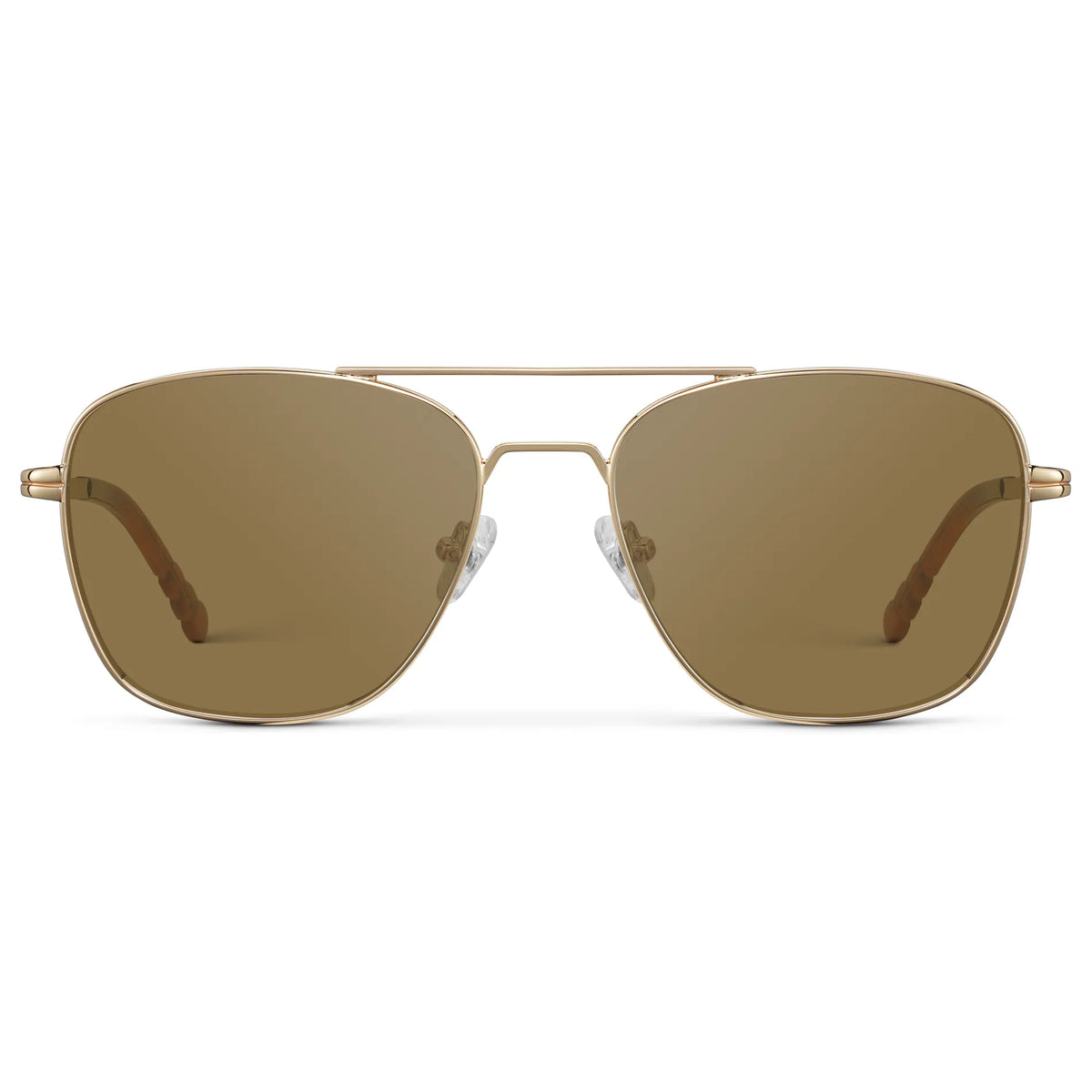 Gold / Amber || Men's Stainless Steel Double Bridge Prescription Sunglasses with Gold Frame and Brown Lens on a white background