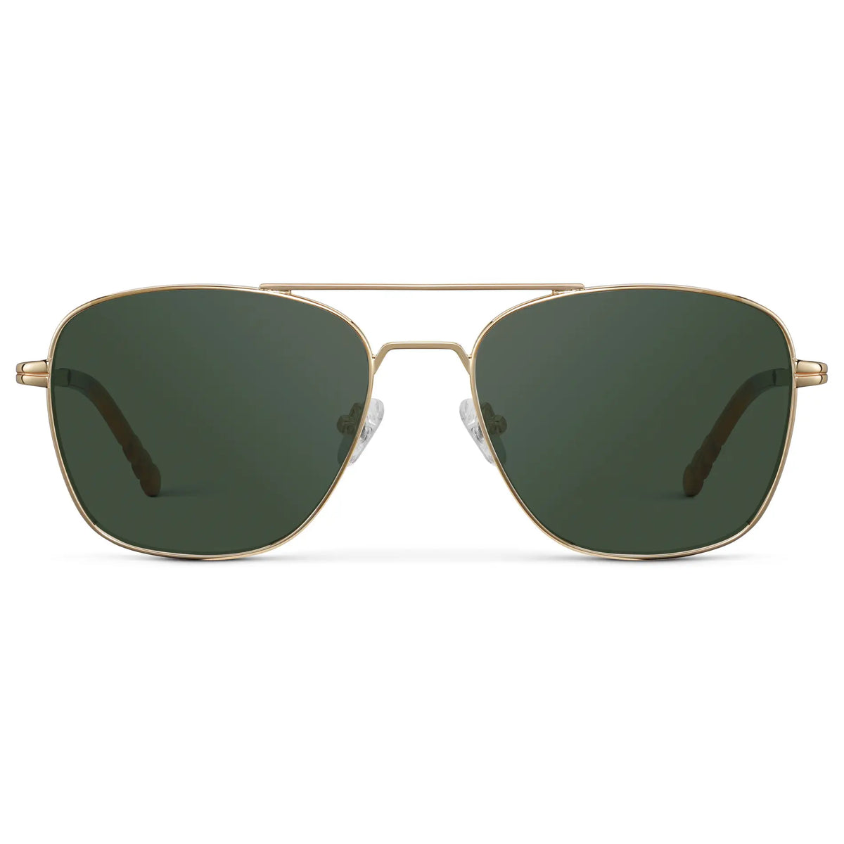 Gold / G15 || Men's Stainless Steel Double Bridge Prescription Sunglasses with Gold Frame and Green Lens on a white background