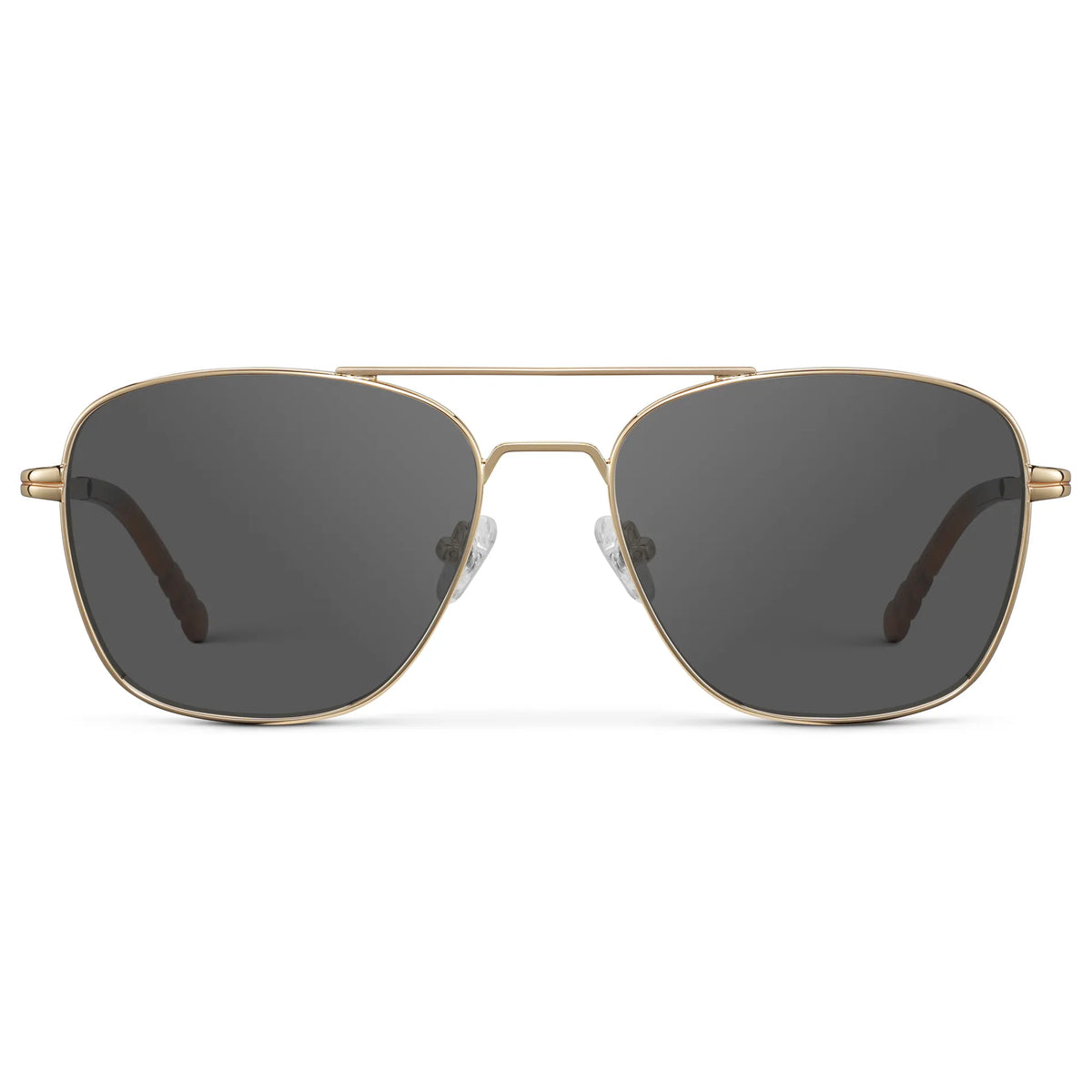 Gold / Grey || Men's Stainless Steel Double Bridge Prescription Sunglasses with Gold Frame and Grey Lens on a white background