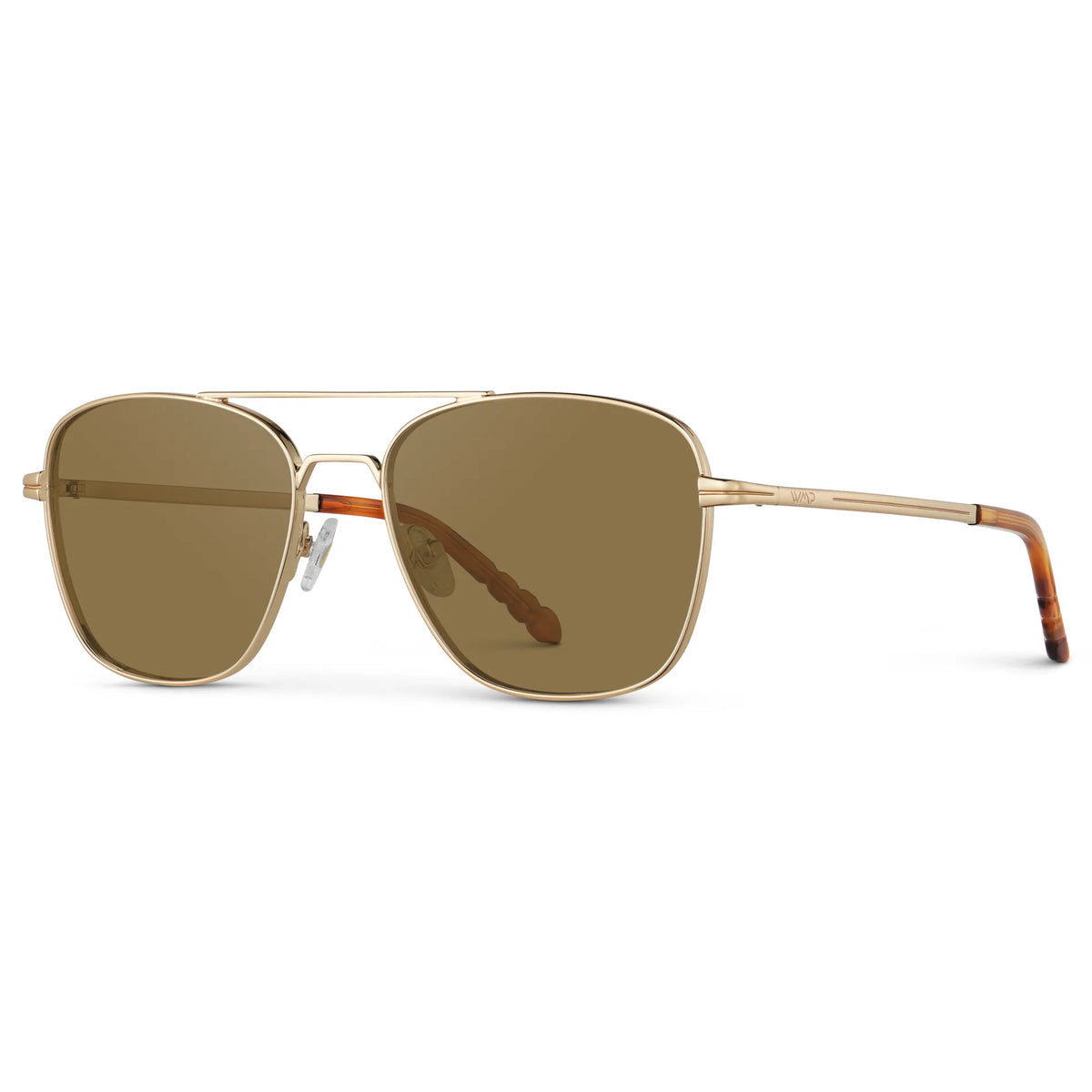 Gold / Amber || Side view of Men's Stainless Steel Double Bridge Prescription Sunglasses with Gold Frame and Brown Lens on a white background