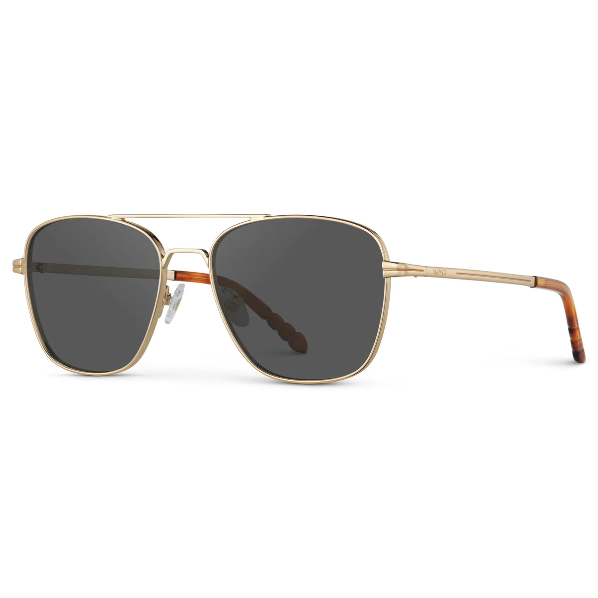 Gold / Grey || Side view of Men's Stainless Steel Double Bridge Prescription Sunglasses with Gold Frame and Grey Lens on a white background