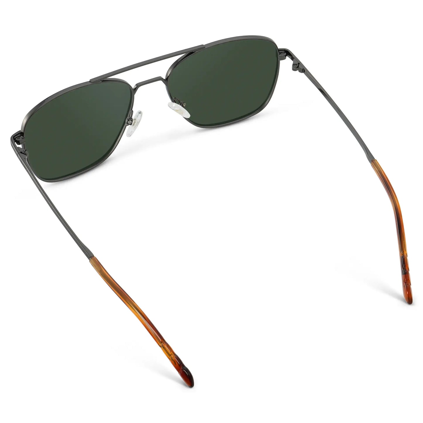 Gunmetal / G15 || Back view of Men's Stainless Steel Double Bridge Prescription Sunglasses with Gunmetal Frame and Green Lens on a white background