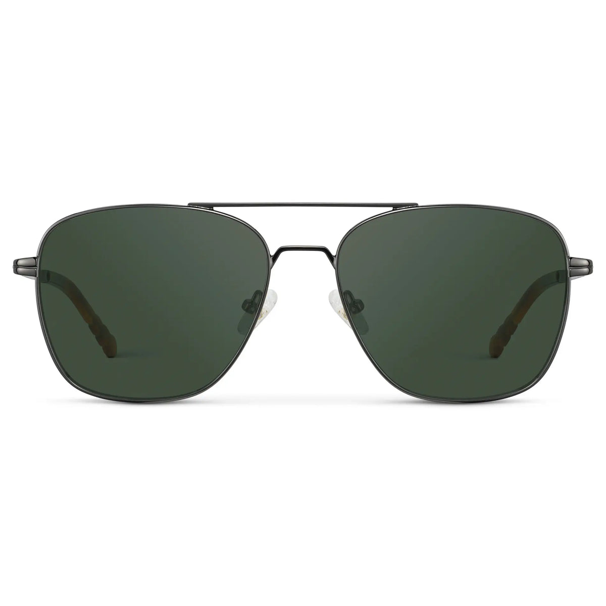 Gunmetal / G15 || Men's Stainless Steel Double Bridge Prescription Sunglasses with Gunmetal Frame and Green Lens on a white background
