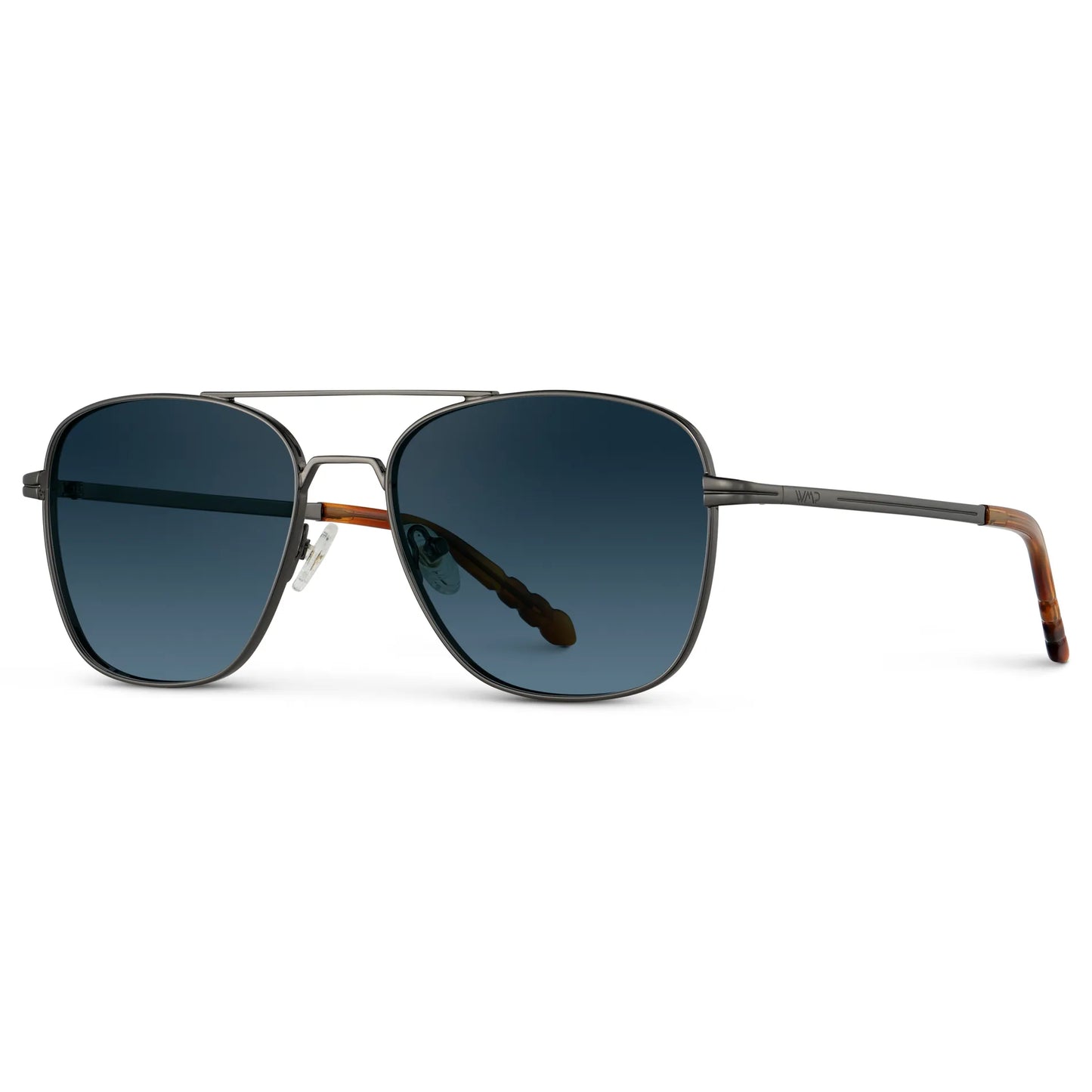 Gunmetal / Deep Blue Gradient Lens || Side view of Men's Stainless Steel Sunglasses with Gunmetal Grey Frame and Deep Blue Gradient Lens on a white background