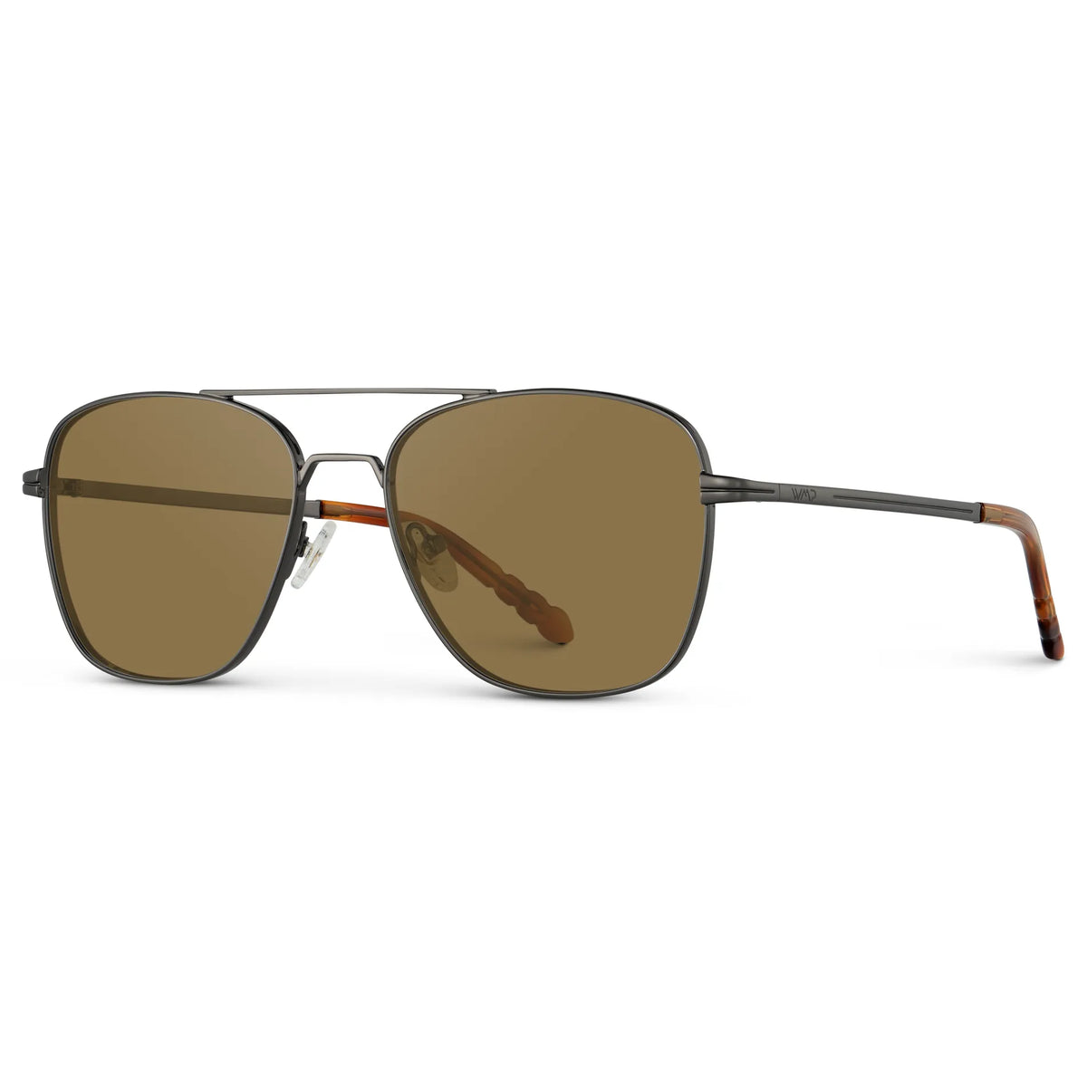 Gunmetal / Amber || Side view of Men's Stainless Steel Double Bridge Prescription Sunglasses with Gunmetal Frame and Brown Lens on a white background