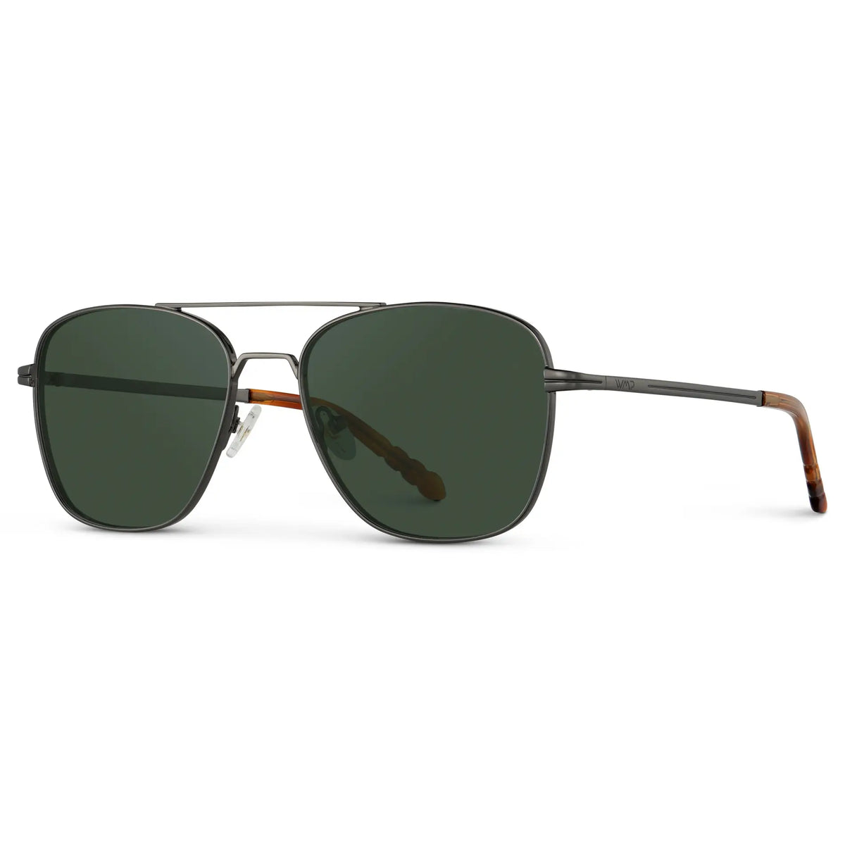 Gunmetal / G15 || Side view of Men's Stainless Steel Double Bridge Prescription Sunglasses with Gunmetal Frame and Green Lens on a white background