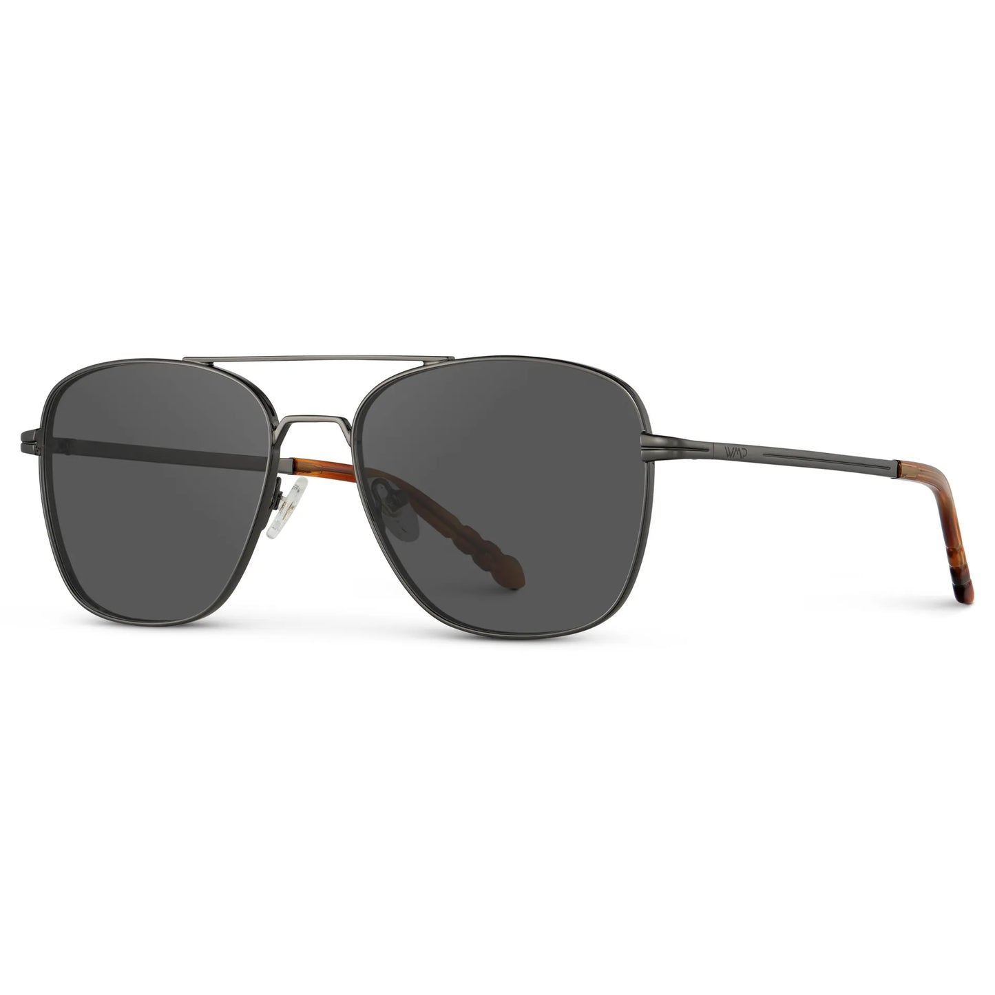Gunmetal / Grey || Side view of Men's Stainless Steel Double Bridge Prescription Sunglasses with Gunmetal Frame and Grey Lens on a white background