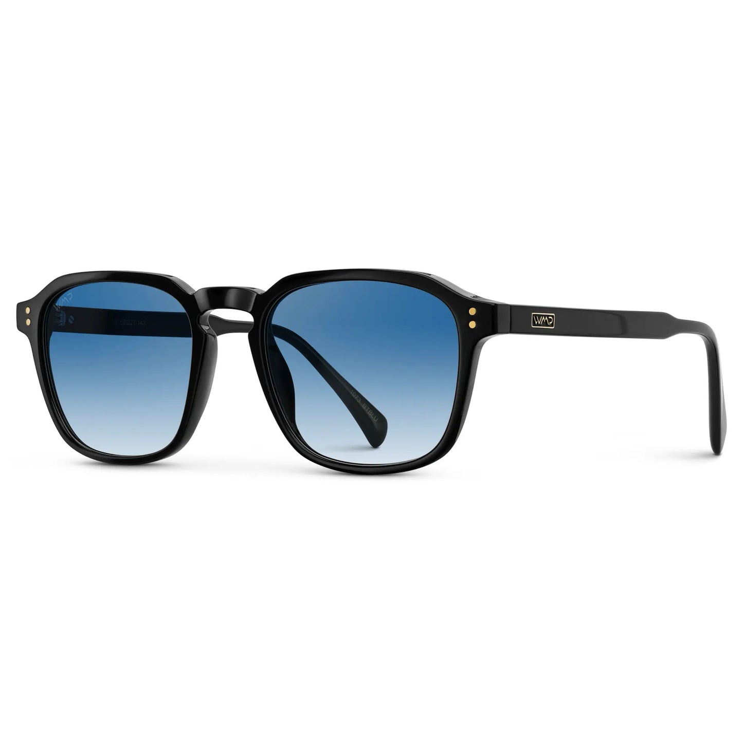 Black / Blue Gradient Tinted Lens || Side view of Men's Square Sunglasses with Black Frame and Blue Gradient Tinted Lens on a white background