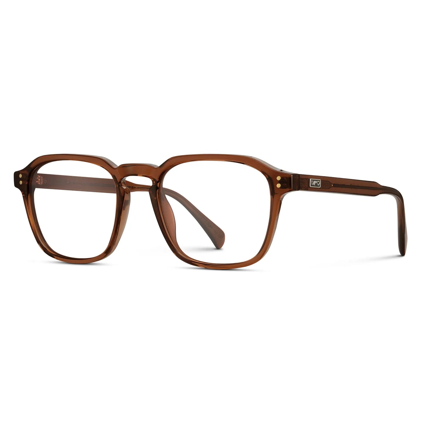 Terracotta Brown || Side view of Men's Square Prescription Sunglasses with Terracotta Brown Frame and Clear Lenses on a white background