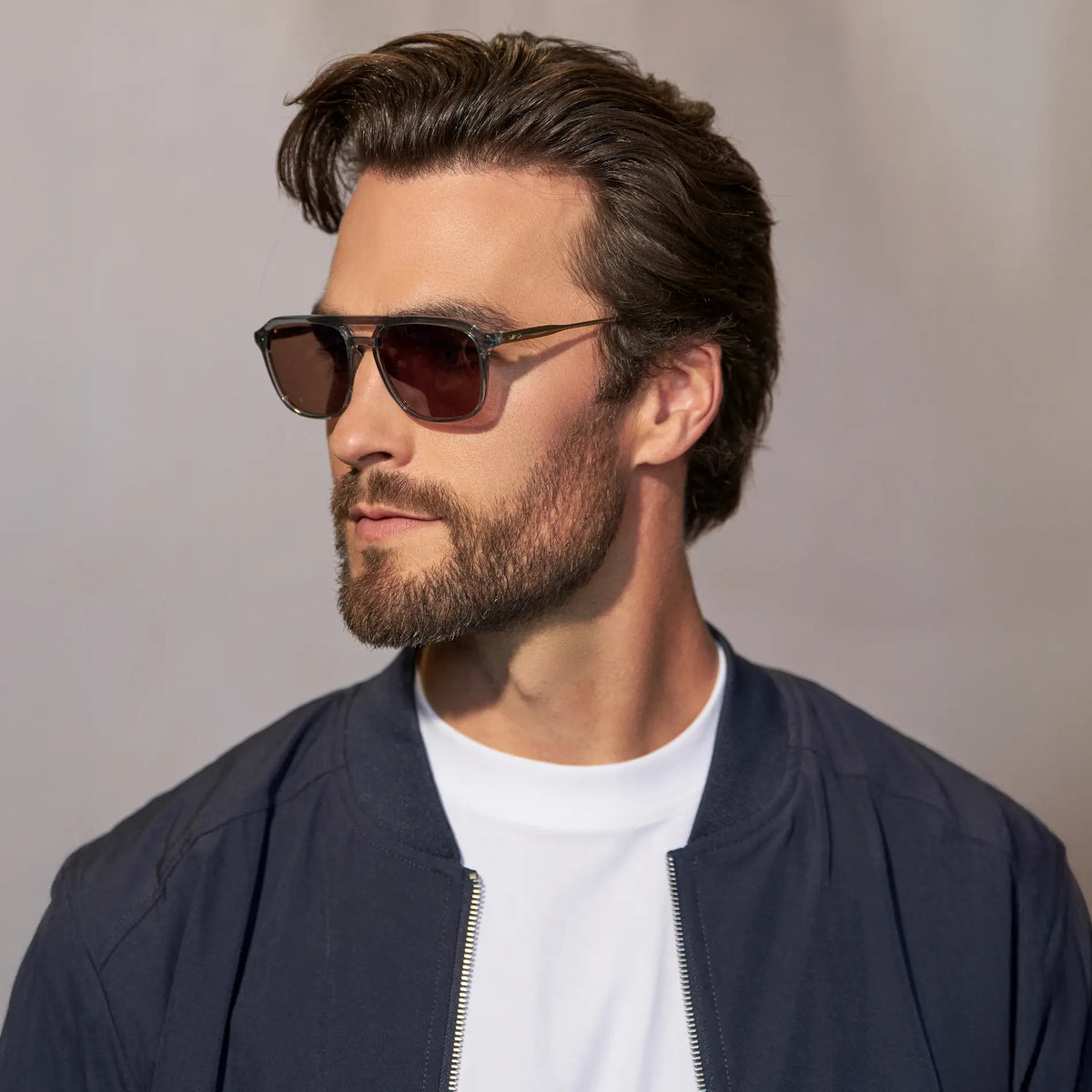 Stone Blue / Amber || Men's Double Bridge Aviator Prescription Sunglasses with Stone Blue Frame and Brown Lens
